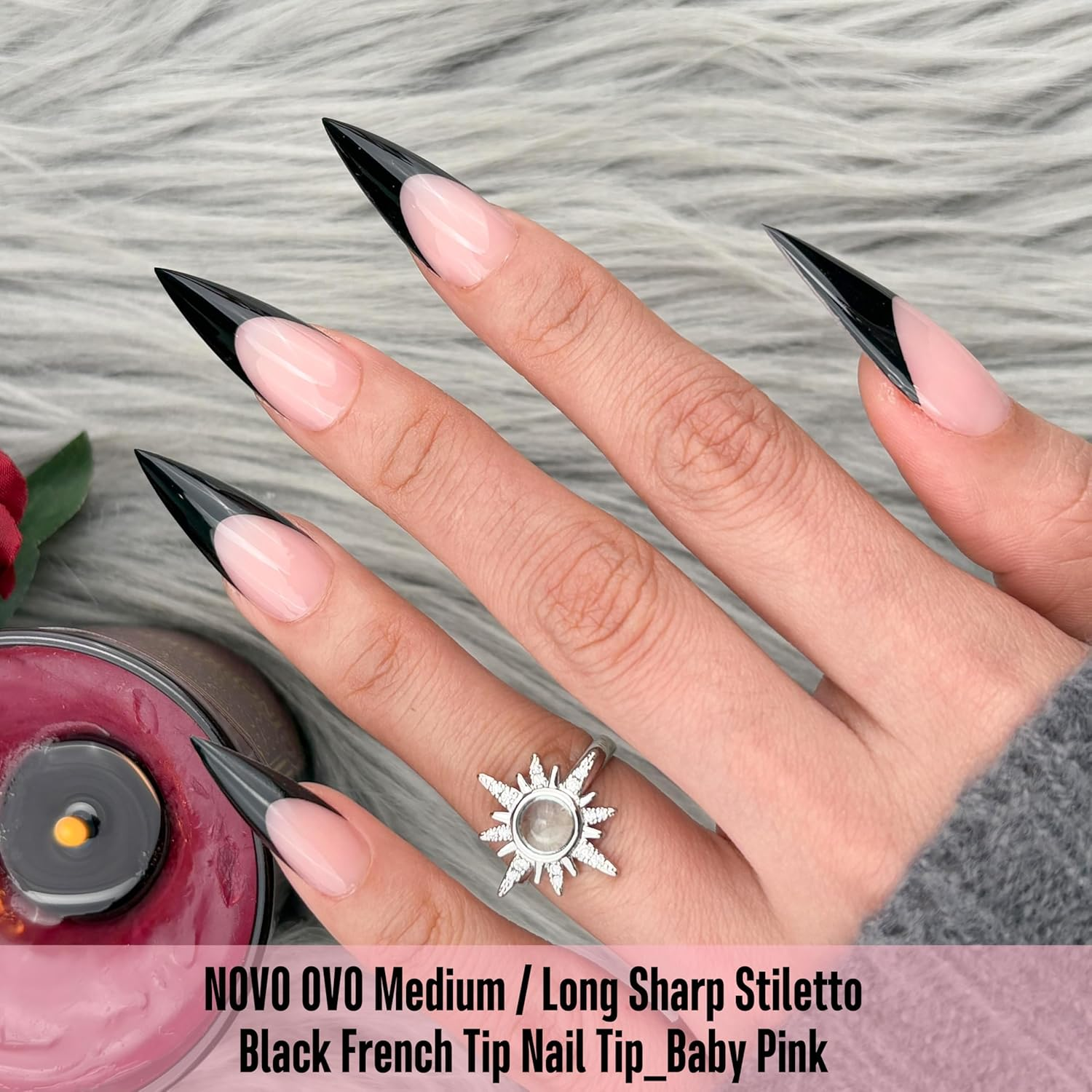 NOVO OVO Black French Tips Sharp Stiletto Pointed Medium Long Nail Tips Press on Baby Pink, Extra Thick Soft Gel Acrylic Extension, Full Cover False Nails for Salon DIY 16 Sizes, Pack of 160