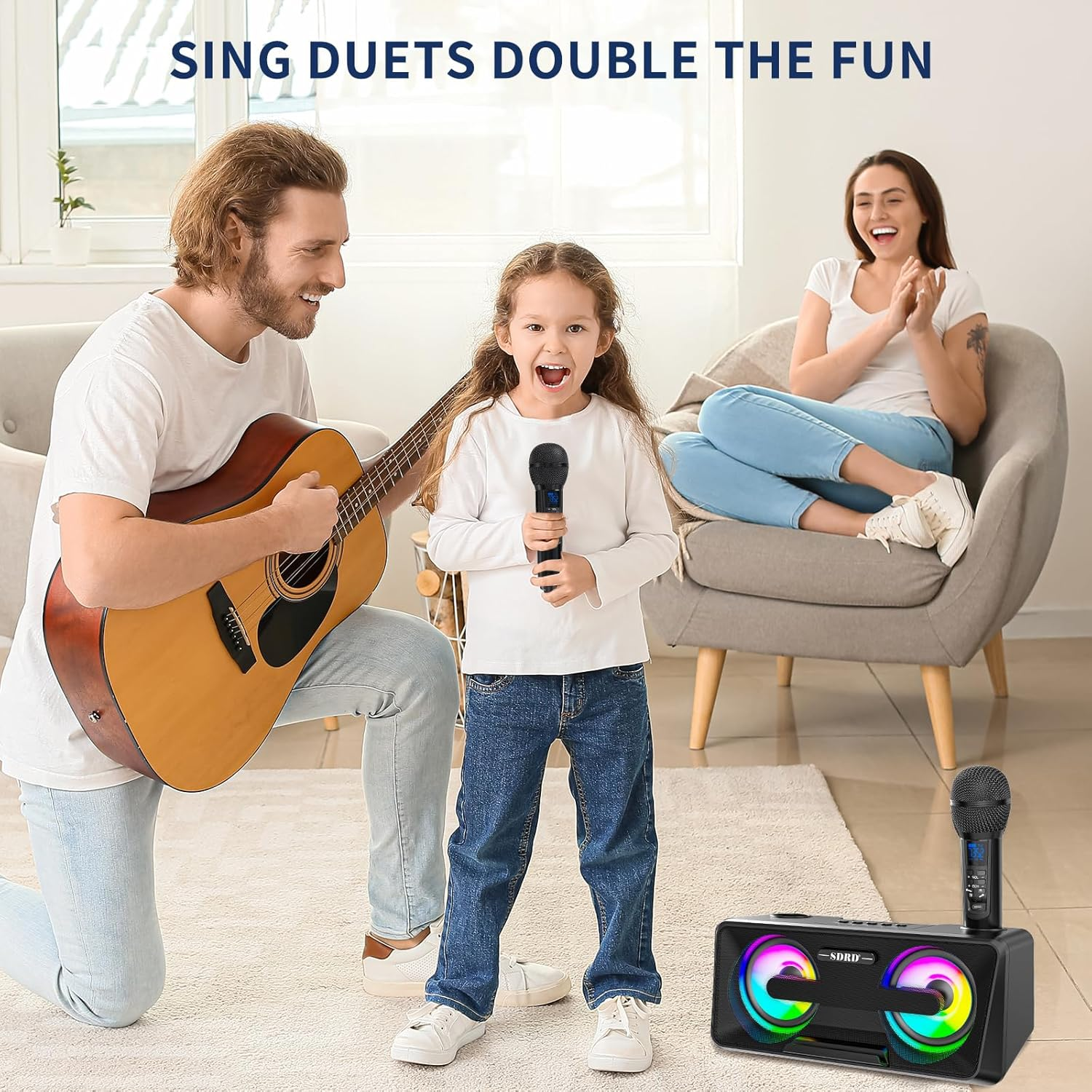 Karaoke Machine for Adults and Kids with 2 UHF Wireless Microphones,Portable Bluetooth Singing Speakers PA System with Disco Lights Phone Holder for Home Party, Picnic,Outdoor/Birthday Gifts image number 1