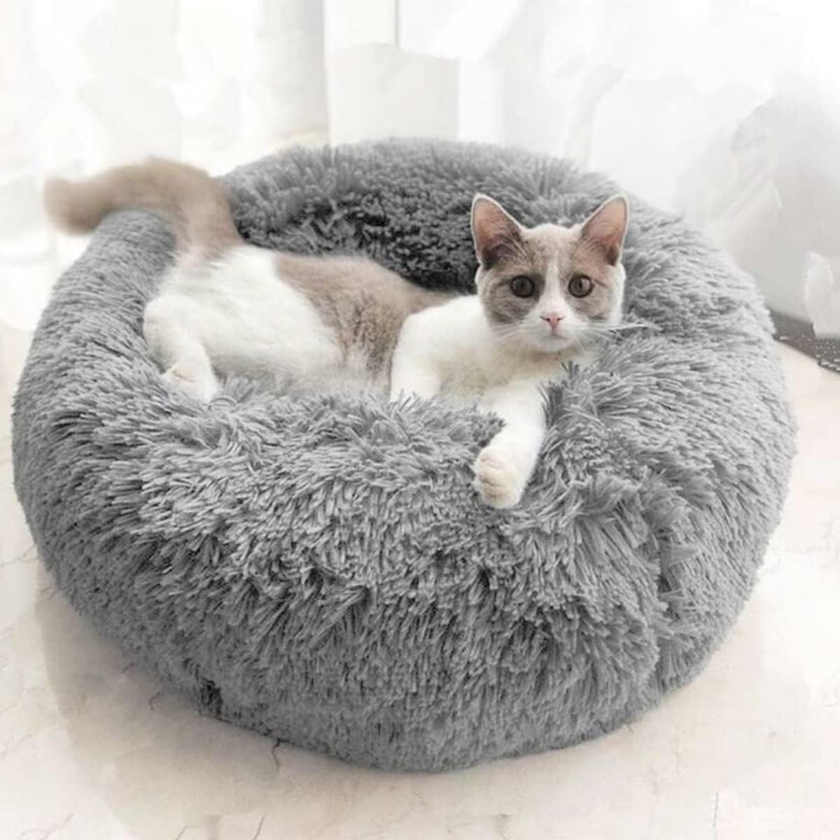 Calming Dog Beds for Small Medium Large Dogs - round Donut Washable Dog Bed, Anti-Slip Faux Plush Fluffy Donut Cuddler Anxiety Cat Bed， Diameter39In image number 7