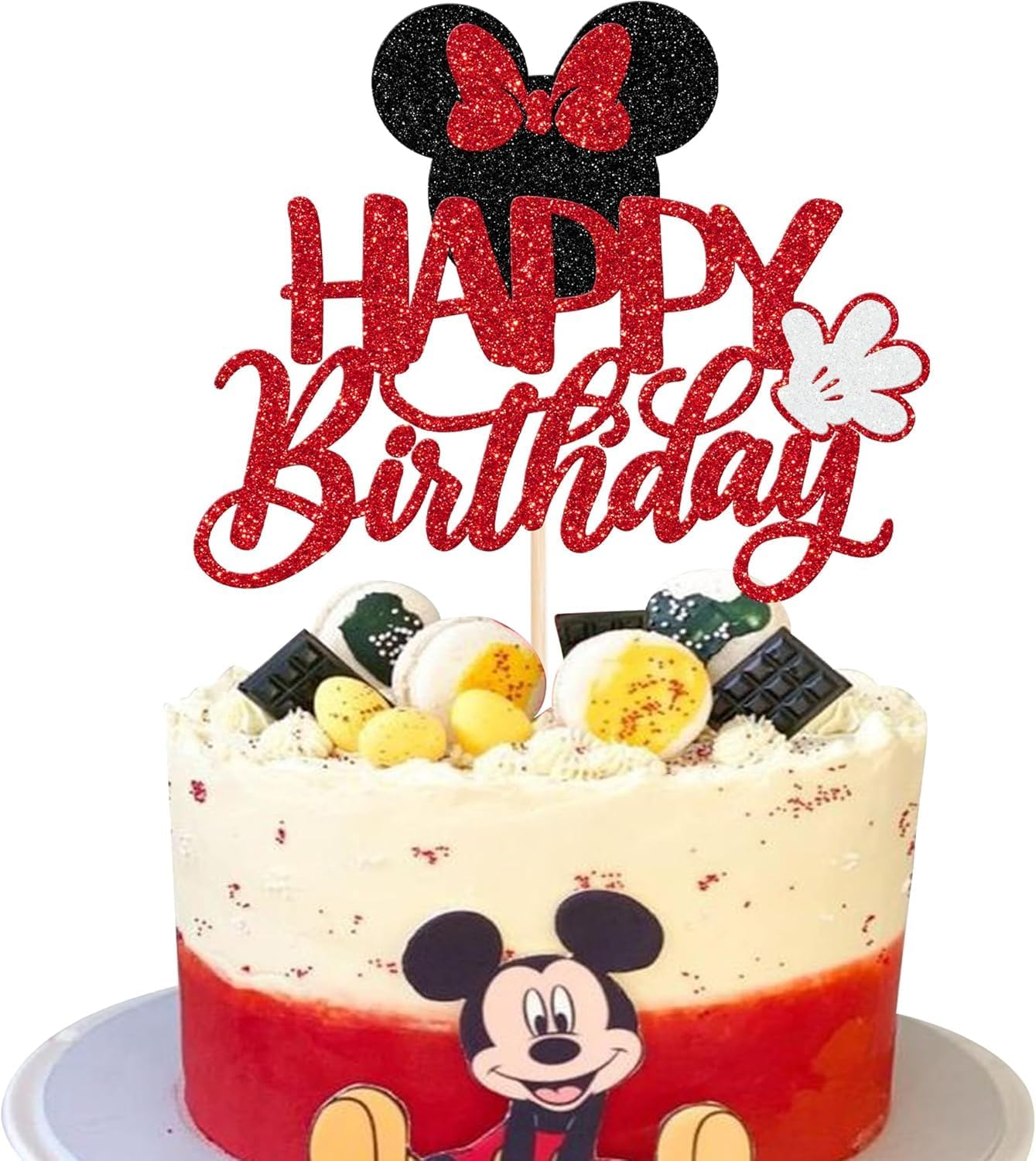 1 Pack Mouse Happy Birthday Cake Toppers Glitter White Gloves Bow Mouse Inspired Birthday Cake Pick for Baby Shower Kids Birthday Party Cake Decorations Supplies (#6) image number 5