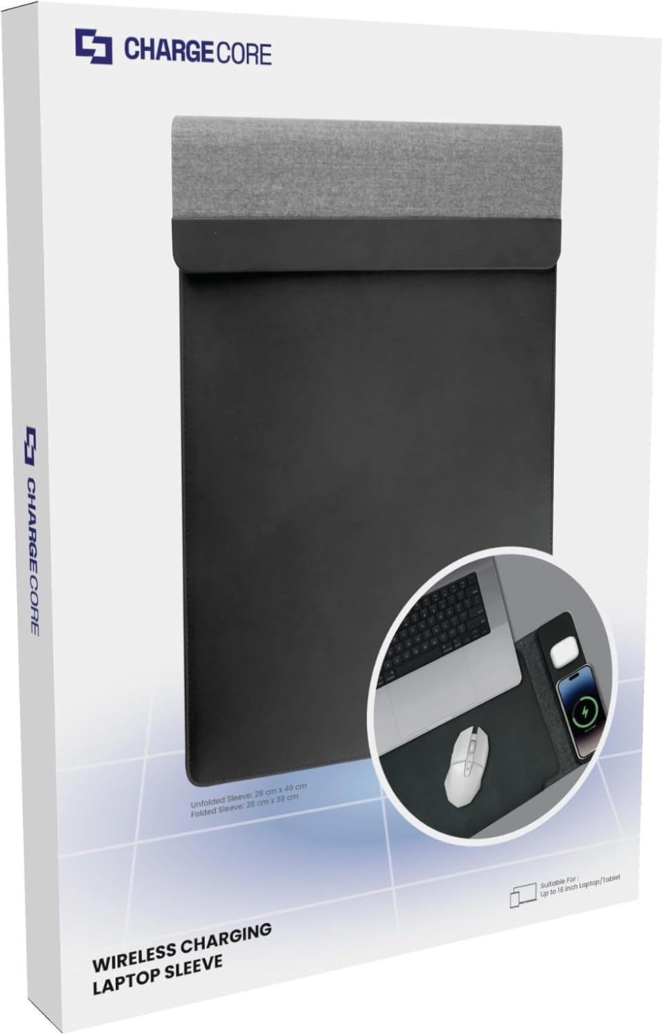 Laser 16" Wireless Charger Laptop Sleeve - Mouse Pad, PU Leather, Magsafe & Qi Compatible, 15W Fast Charge, Water Resistant, Travel Laptop Case - Fits Macbook, Chromebook, Kindle, Ipad Air/Pro (Black)