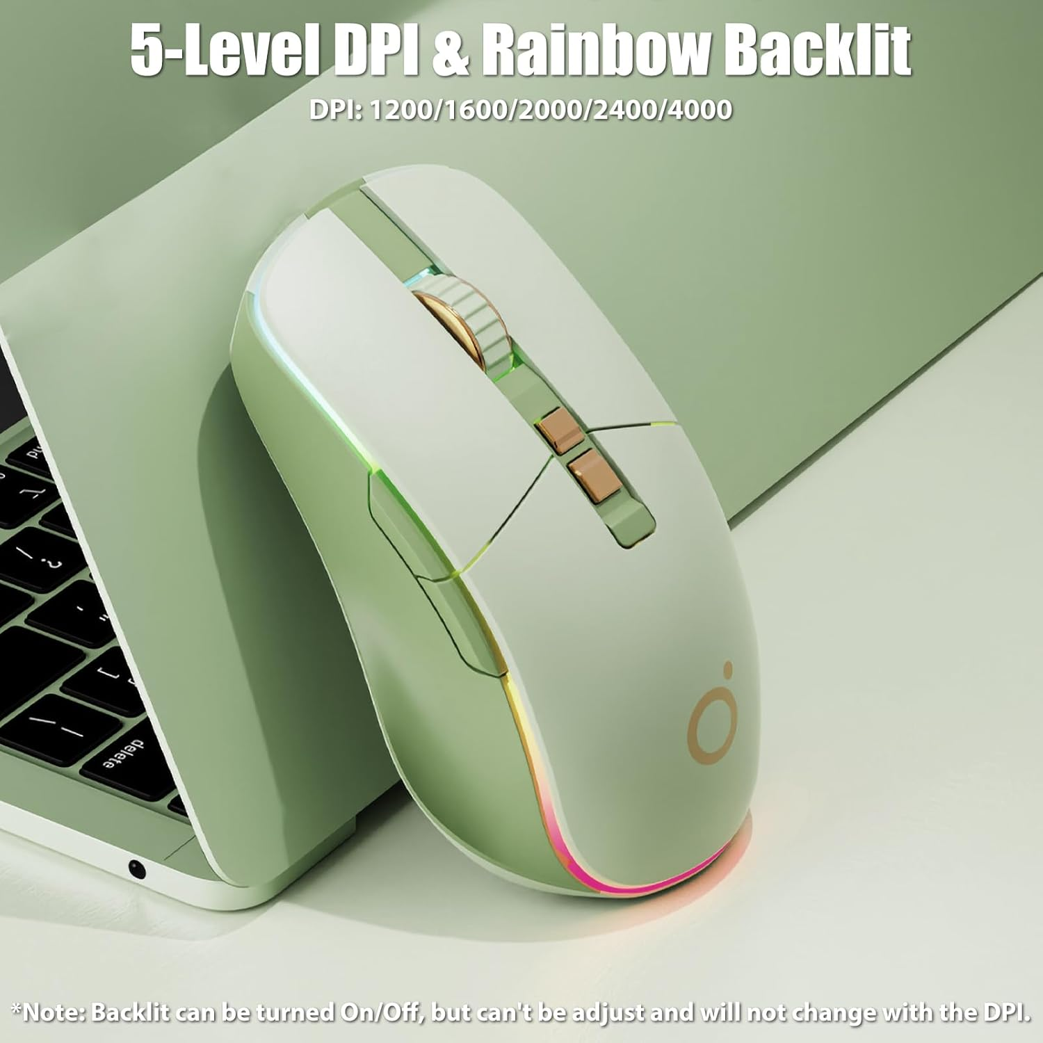 TISHLED Wireless Gaming Mouse Tri-Mode 2.4Ghz/Bluetooth 5.0/Wired USB-C with RGB LED Backlit 5-Level DPI Rechargeable Ergonomic Silent Optical Mice for Imac/Macbook/Computer/Laptop, Matcha Green image number 4