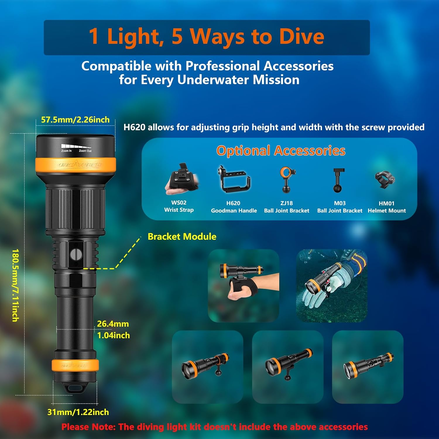 ORCATORCH ZD710 MK2 Zoomable Dive Light 212500Cd Intensity Scuba Diving Flashlight with 4 Modes, 2-In-1 Spotlight & Floodlight, IP68 Waterproof Night Dive Torch for 150 Meters under Water Sports image number 4