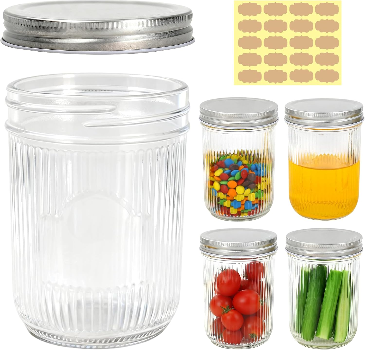 Acetiti 500Ml/17 Oz Glass Mason Jars with Silver Metal Lids, Set of 5 Vintage Wide Mouth Canning Jars with Labels for Overnight Oats, Food Storage, Jam, Honey, Pickling (500Ml-Vertical Stripes) image number 2