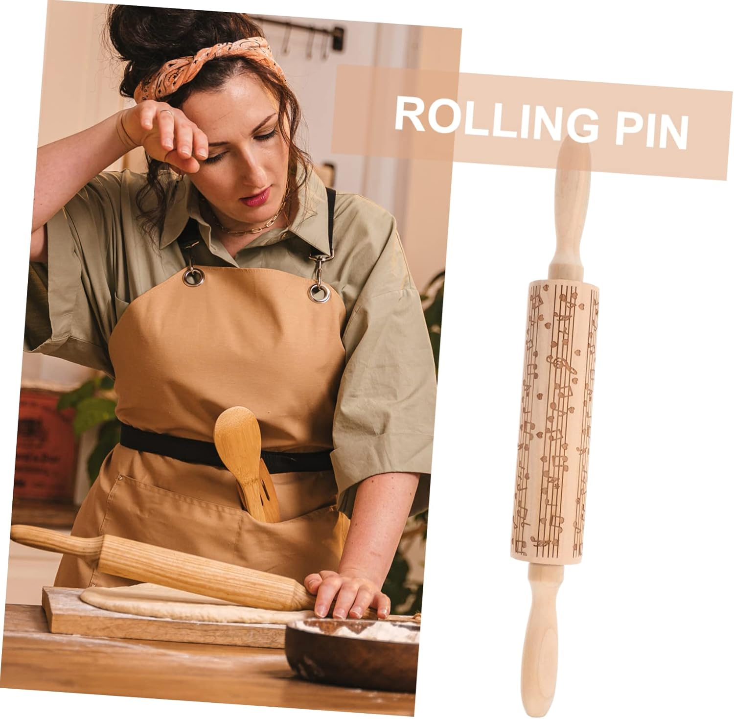 WOONEKY Wooden Dough Roller Non-Stick Rolling Pin for Baking Embossed Christmas Cookie Pattern Multi-Use Pasta Pressing Tool Kitchen Dough Roller image number 4