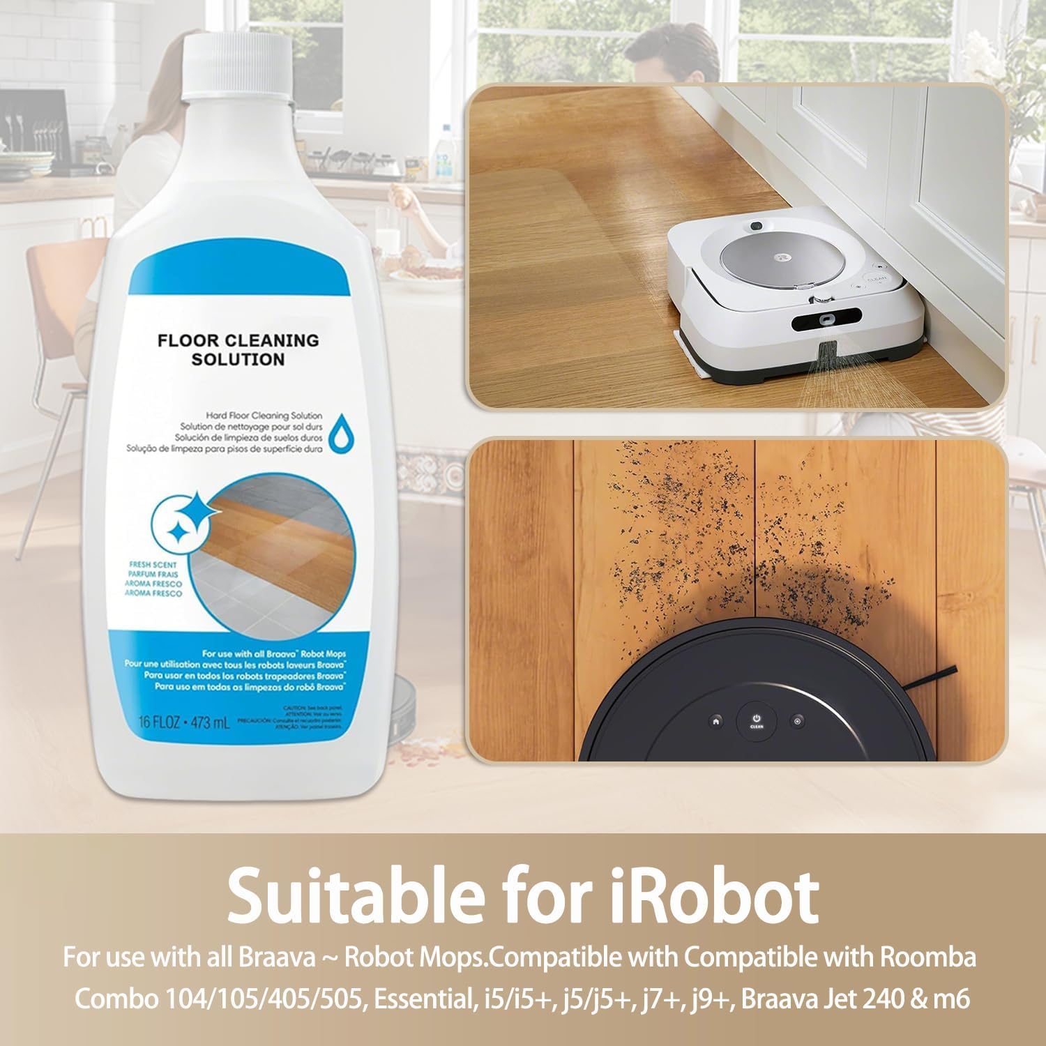 Hard Floor Cleaner Concentrate Solution Compatible with Roomba Combo 104/105/405/505, Essential, I5/I5+, J5/J5+, J7+, J9+, Braava Jet 240 & M6, Residue-Free Floor Cleaning Solution, 473Ml (2 Pack) image number 1