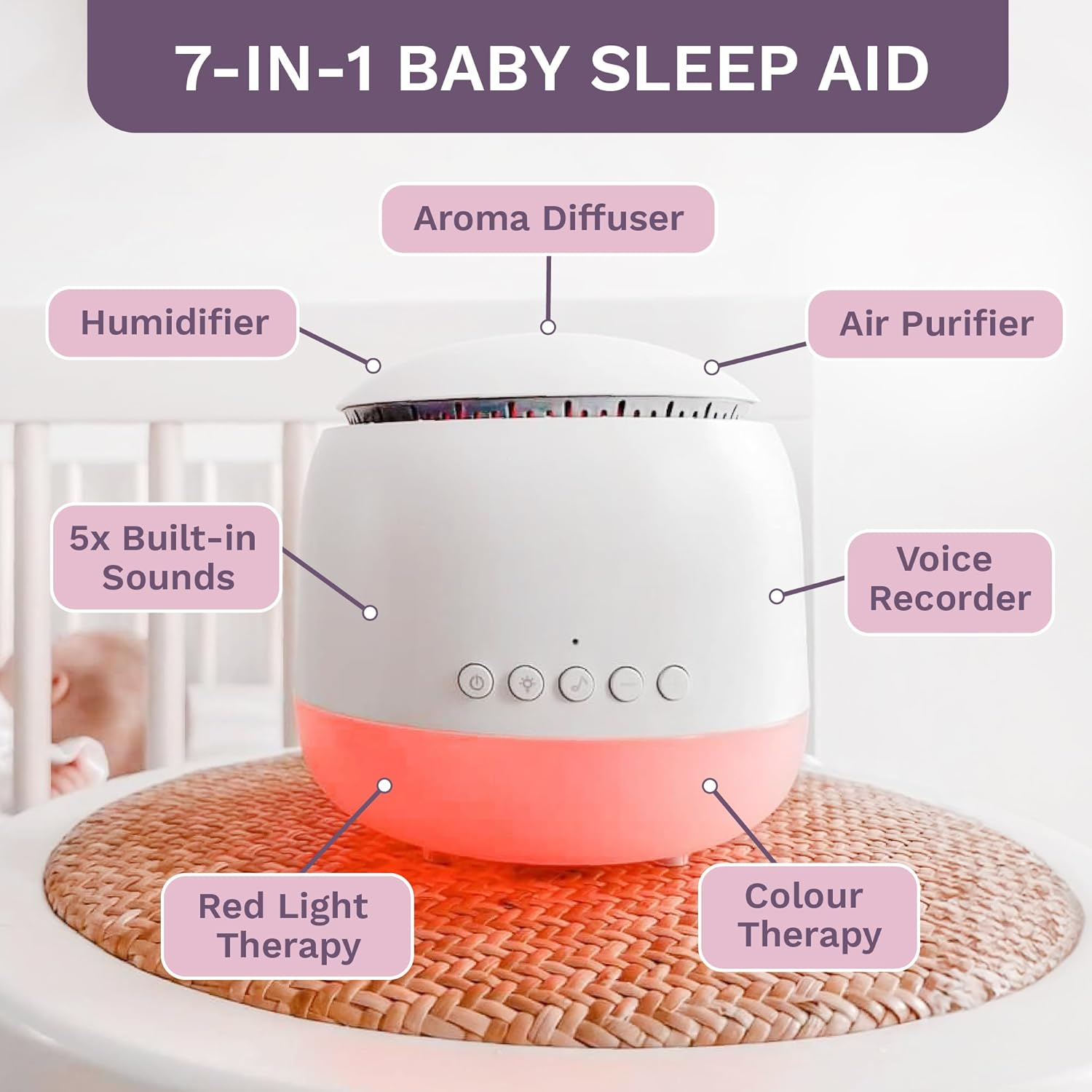 Aroma-Snooze Essential Oil Diffuser Vaporizer - Cool Mist Air Humidifier & White Noise Machine | 7-In-1 Aromatherapy Baby Sleep Aid, Purified Mist with 5 Soothing Sounds, LED Colours