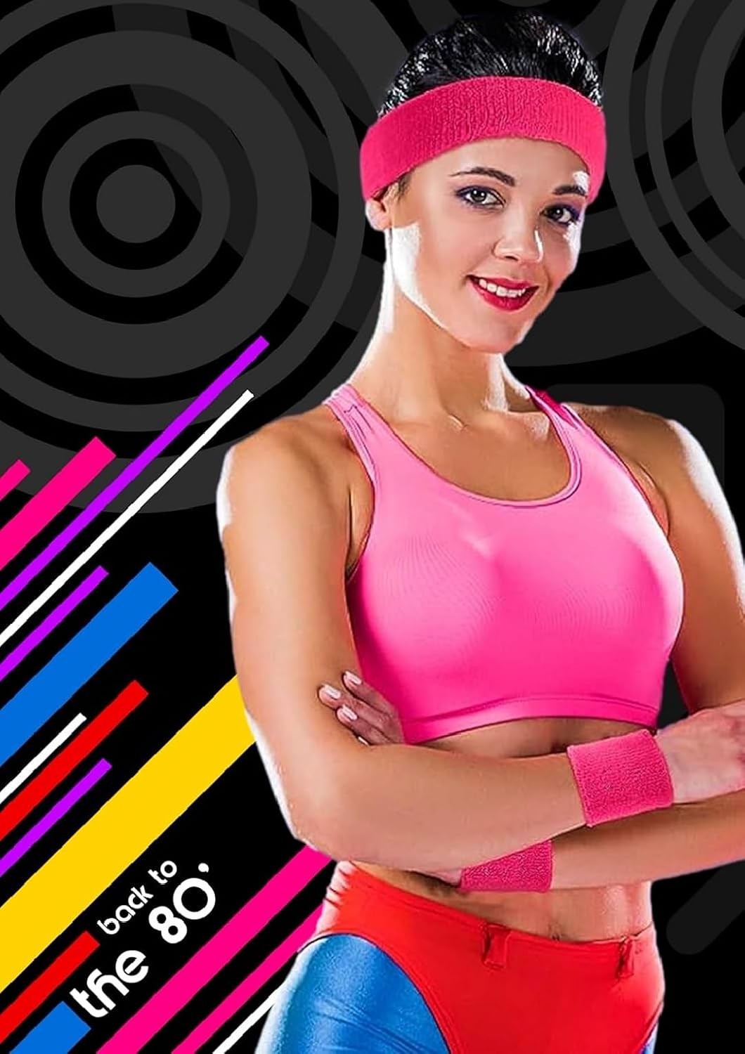 80S Neon Sweatbands Headband and Wristbands Set Includes Pink, Blue, Yellow, Green, Sweat Bands Headbands for Women with Matching Wristbands, Sweatbands for Men and Women
