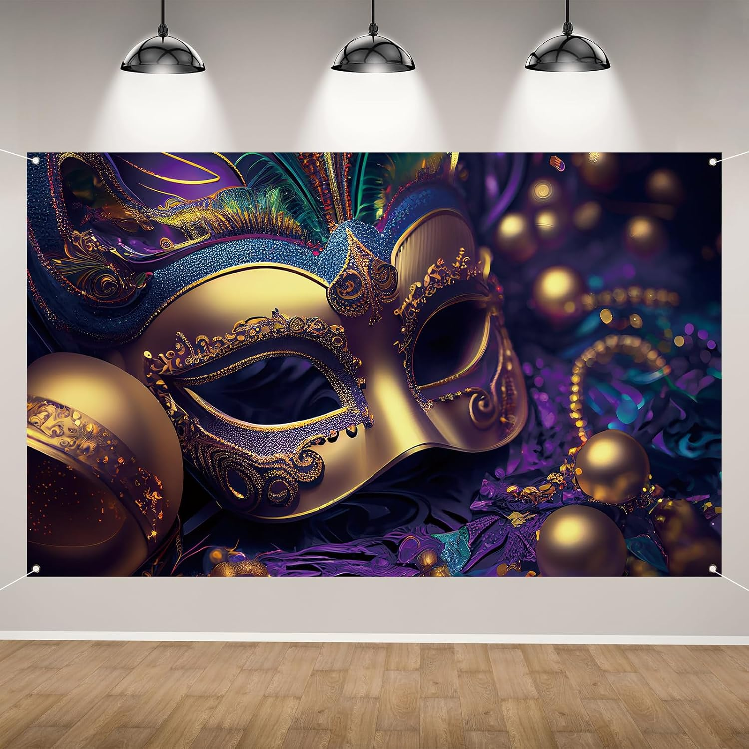 Mardi Gras Photo Backdrop Purple Mask Beads Banner Fat Tuesday Brazil Carnival Masquerade Party Birthday Decorations and Supplies for Home-71&times;43'' image number 4