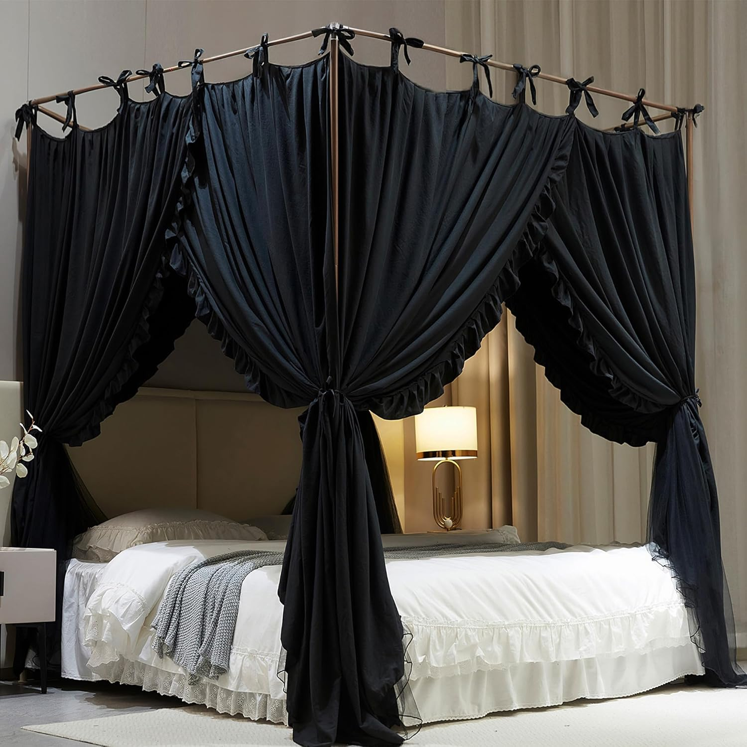 4 Corners Post Princess Curtain Bed Canopy Double Layer Cozy Mosquito Net Mesh and Cloth for Girls Adults Bedroom Decoration (Double-Black/Black, 64" W*82" L*82"*H/(Queen)) image number 6