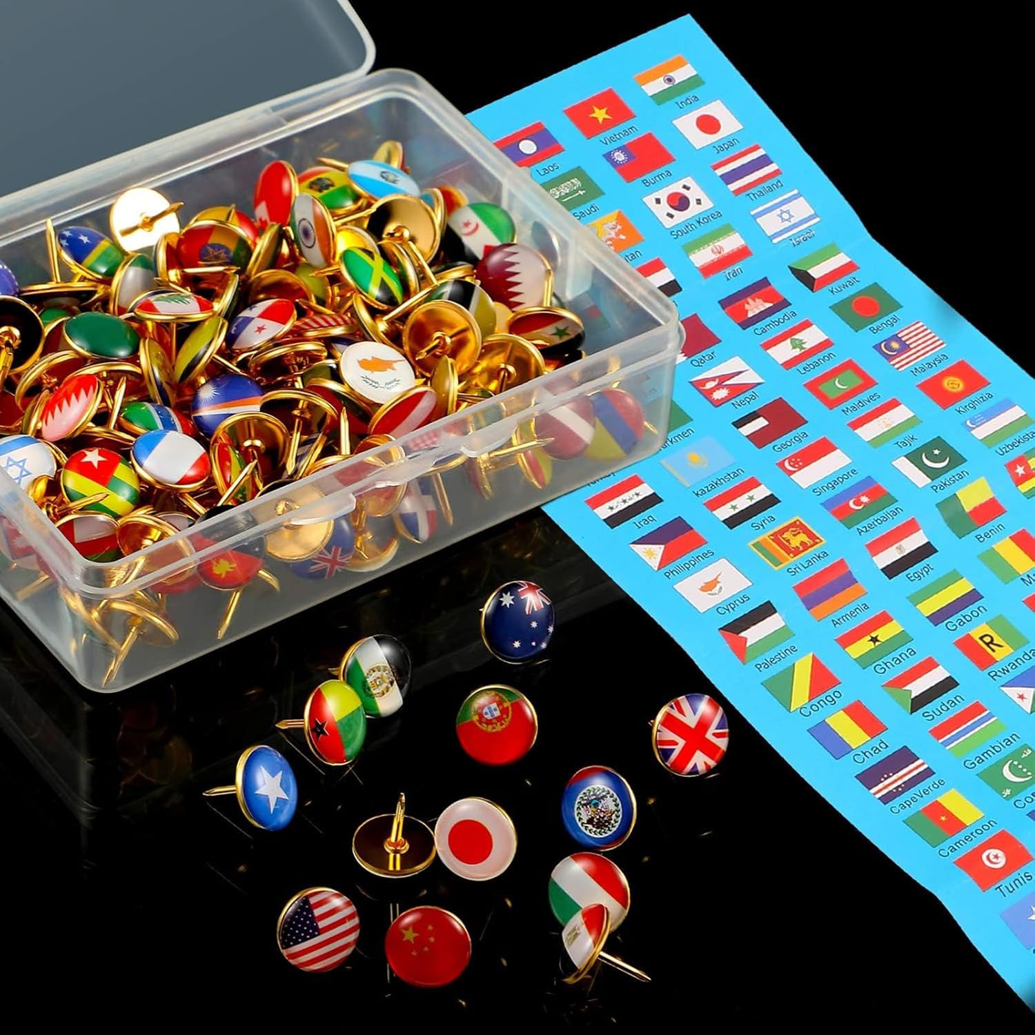 200Pcs National Flags Pins Thumbtacks, Creative Country Flag Map Push Pins with Storage Box, Decorative Drawing Pins Travel Map Thumb Tacks for Bulletin Board Pinboard Office School image number 1