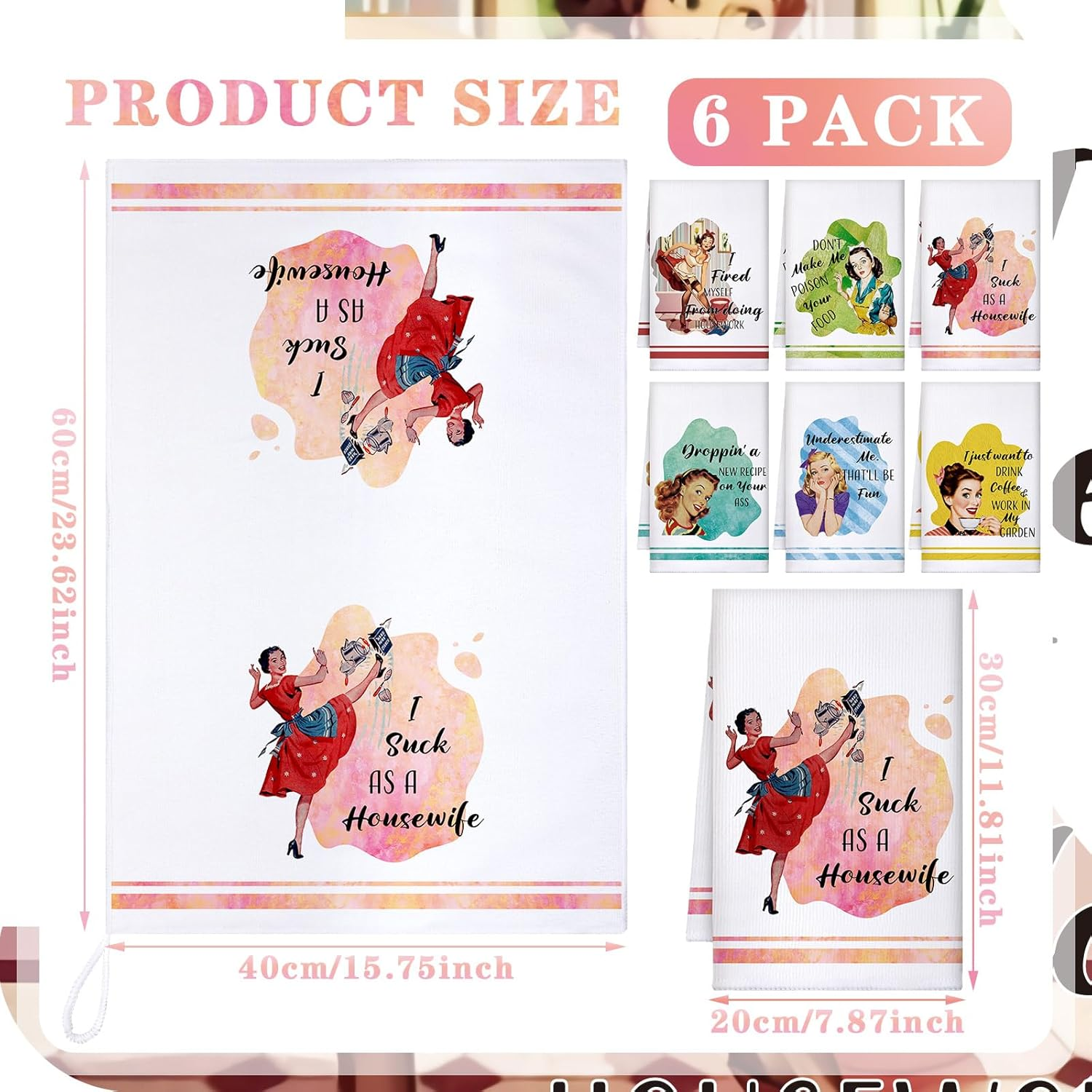 Vitalcozy 6 Pcs Funny Kitchen Towel Set Funny Housewife Dish Towel Farmhouse Rustic Bath Hand Towel for Holiday Christmas Bathroom Gift, 24 X 16 Inches