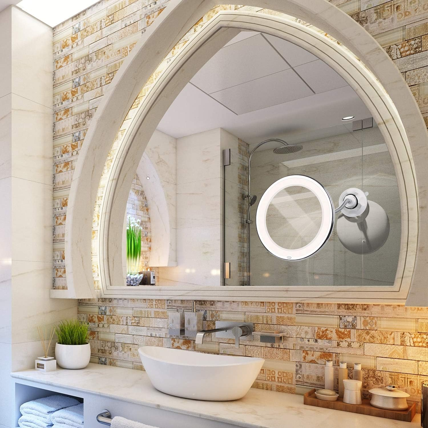 10X Magnifying LED Lighted Makeup Mirror, 7" Flexible Goose-Neck, 360&deg; Swivel Wall Mirror, Bathroom Magnification LED Daylight Vanity Mirror with Suction Cup, Cordless, Bathroom & Travel Mirror image number 6