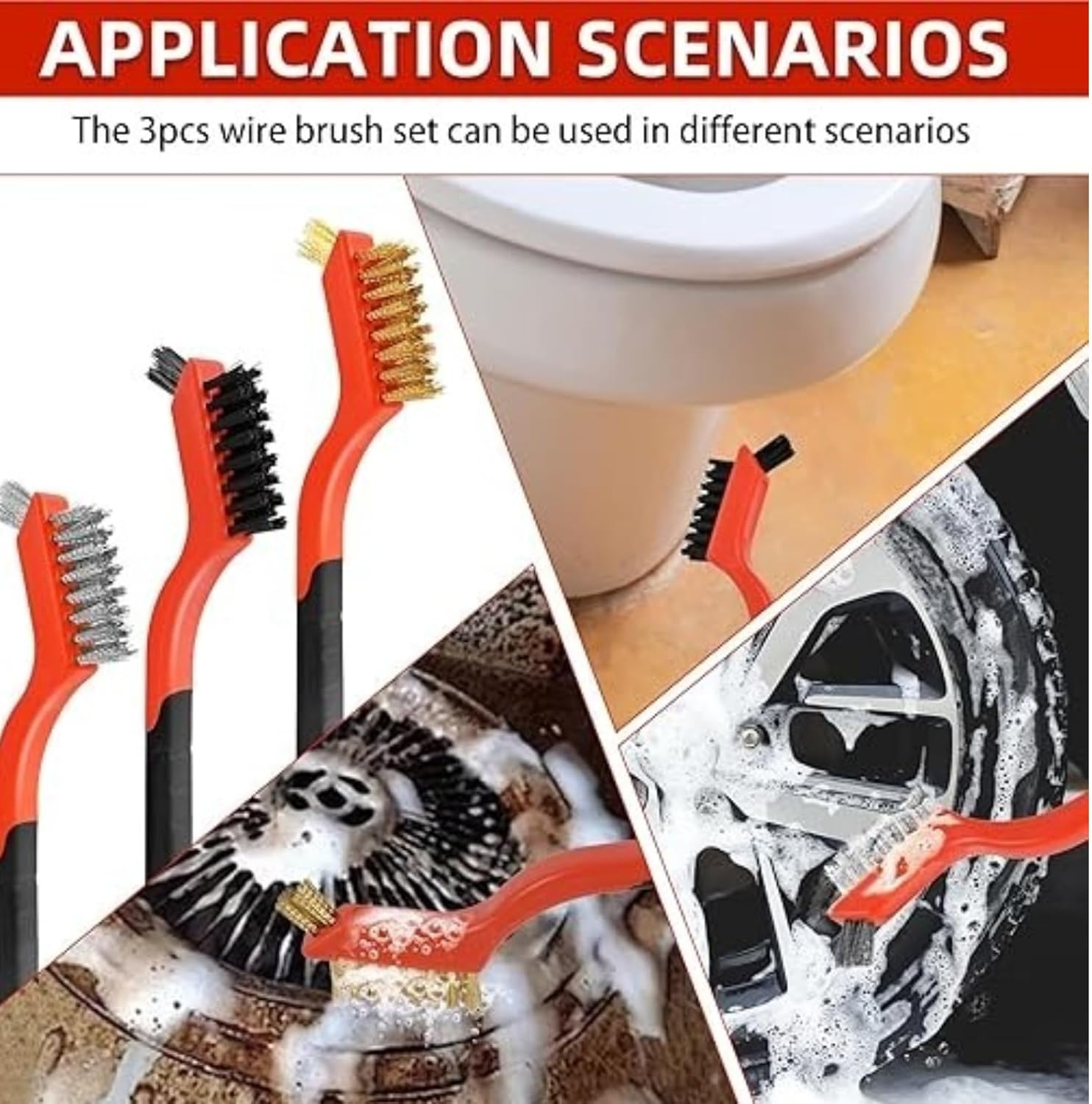 Kalione 3-Piece Wire Brush Set, 7-Inch Stainless Steel, Nylon and Brass Bristles with Ergonomic Curved Handle for Rust, Paint and Dirt Removal, Deep Cleaning, Cleaning Dirt & Paint Scrubbing (Red) image number 4