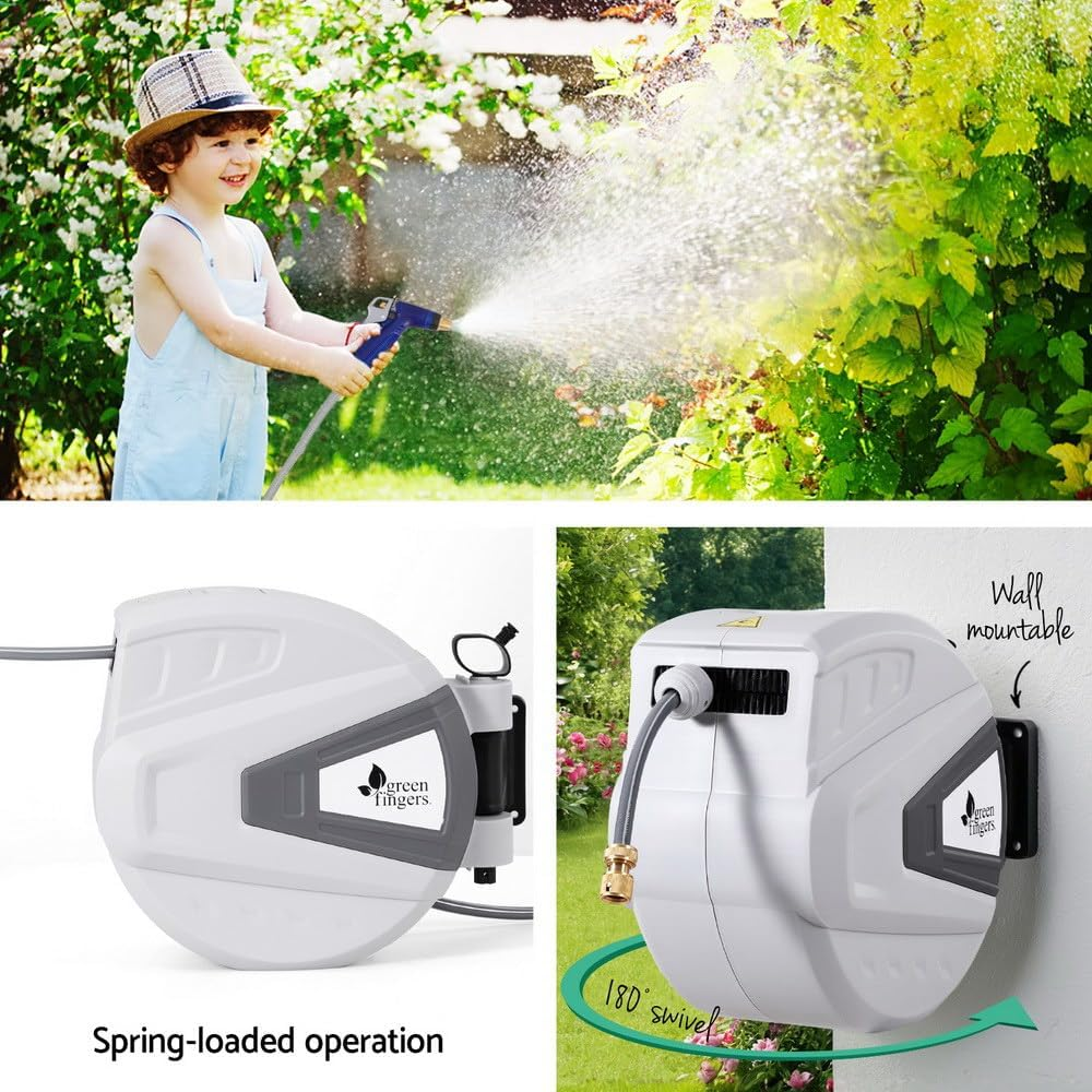 Green Fingers 30M Water Hose Reel Retractable Auto Rewind Wall-Mounted Spray Gun image number 6