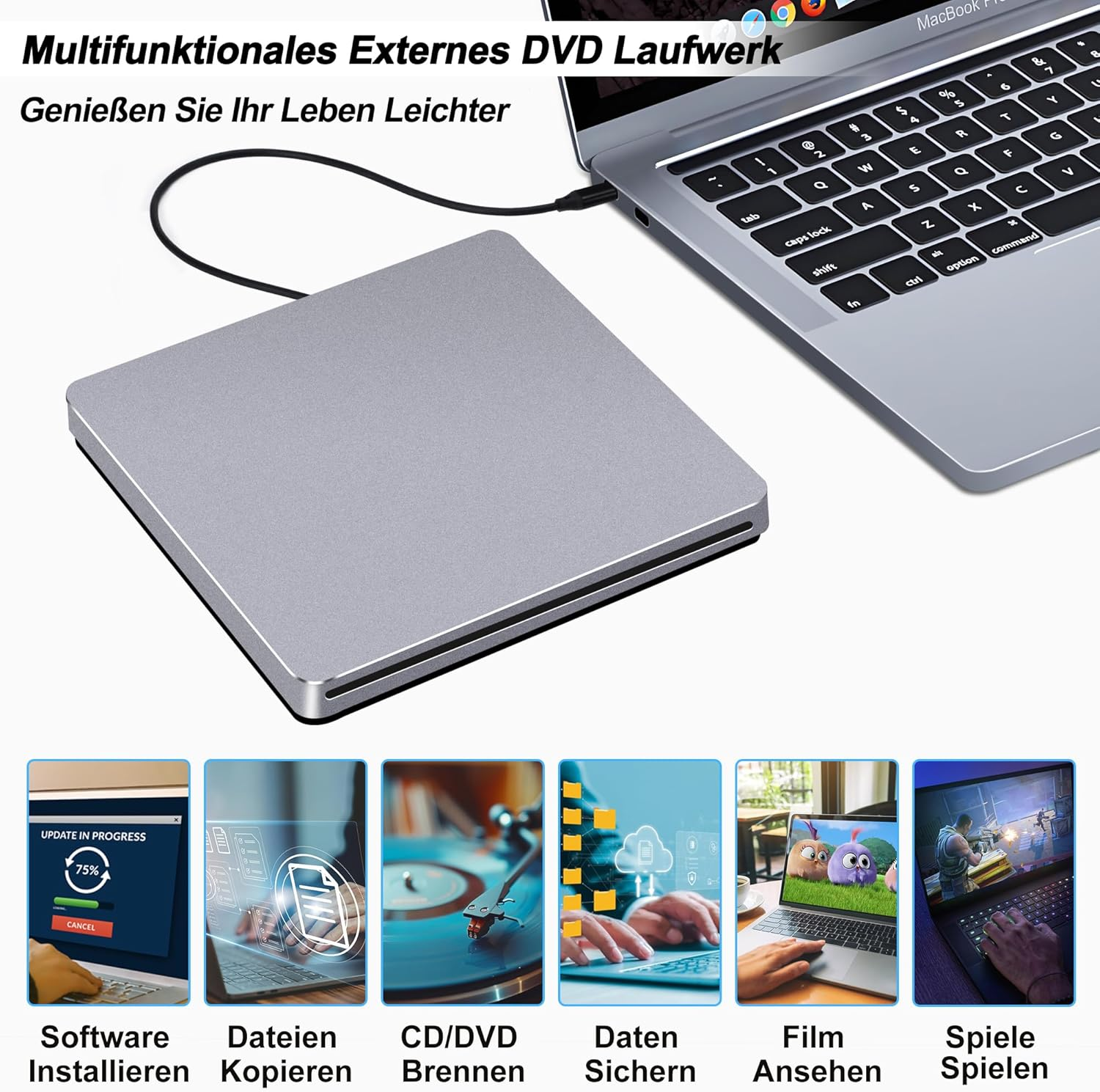 USB C Superdrive NOLYTH USB3.0 External DVD CD Drive External DVD CD Burner Drive Compatible with Macbook Air/Pro/Laptop/Pc/Windows 10 (Grey) image number 4
