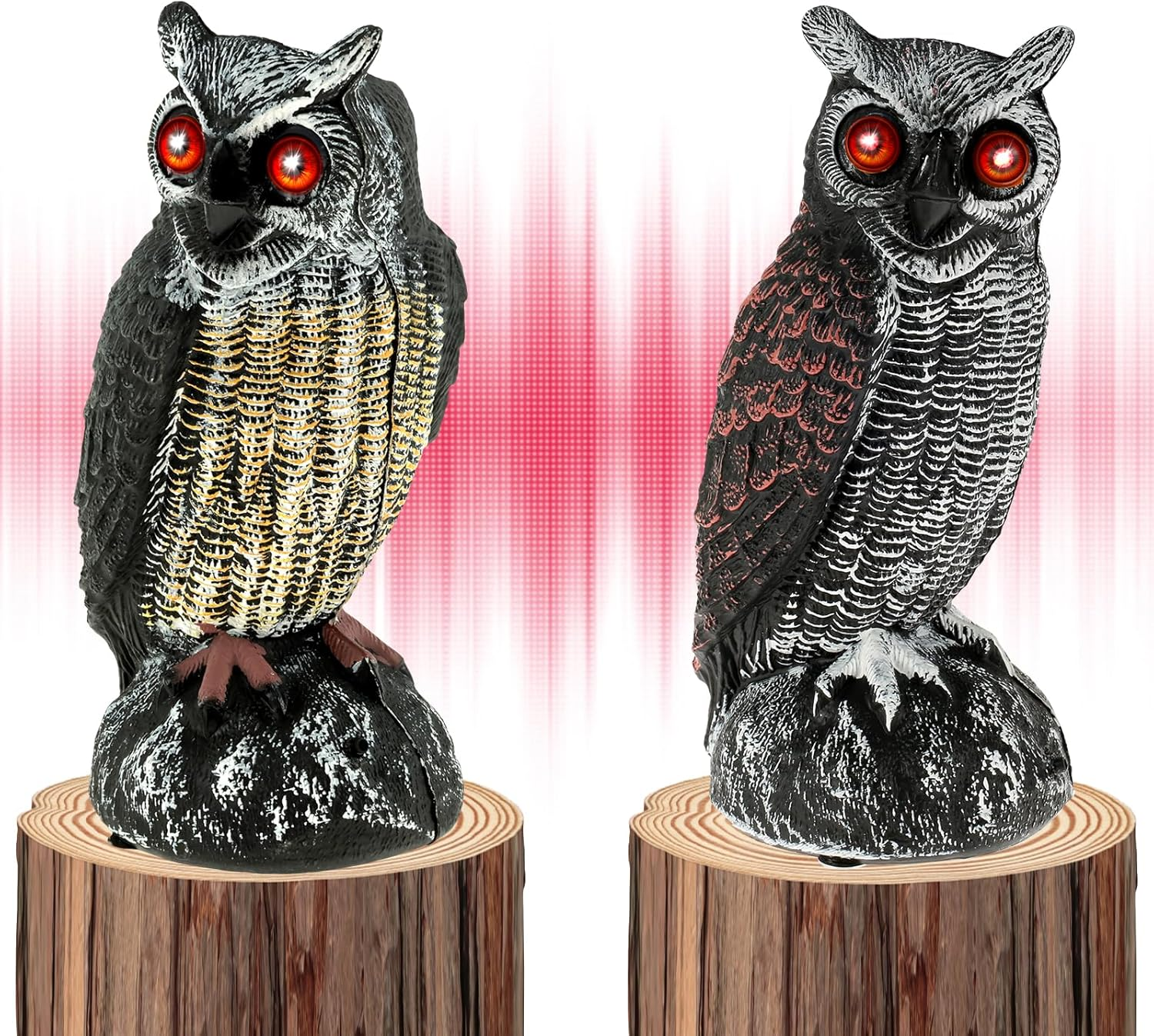 Owl Decoy to Scare Birds Away, Solar Powered Fake Owl Scarecrow Plastic Owls Waterproof Owl Statue with Flashing Eyes & Scary Sound Bird Deterrents for outside Garden Yard Patio (Black)