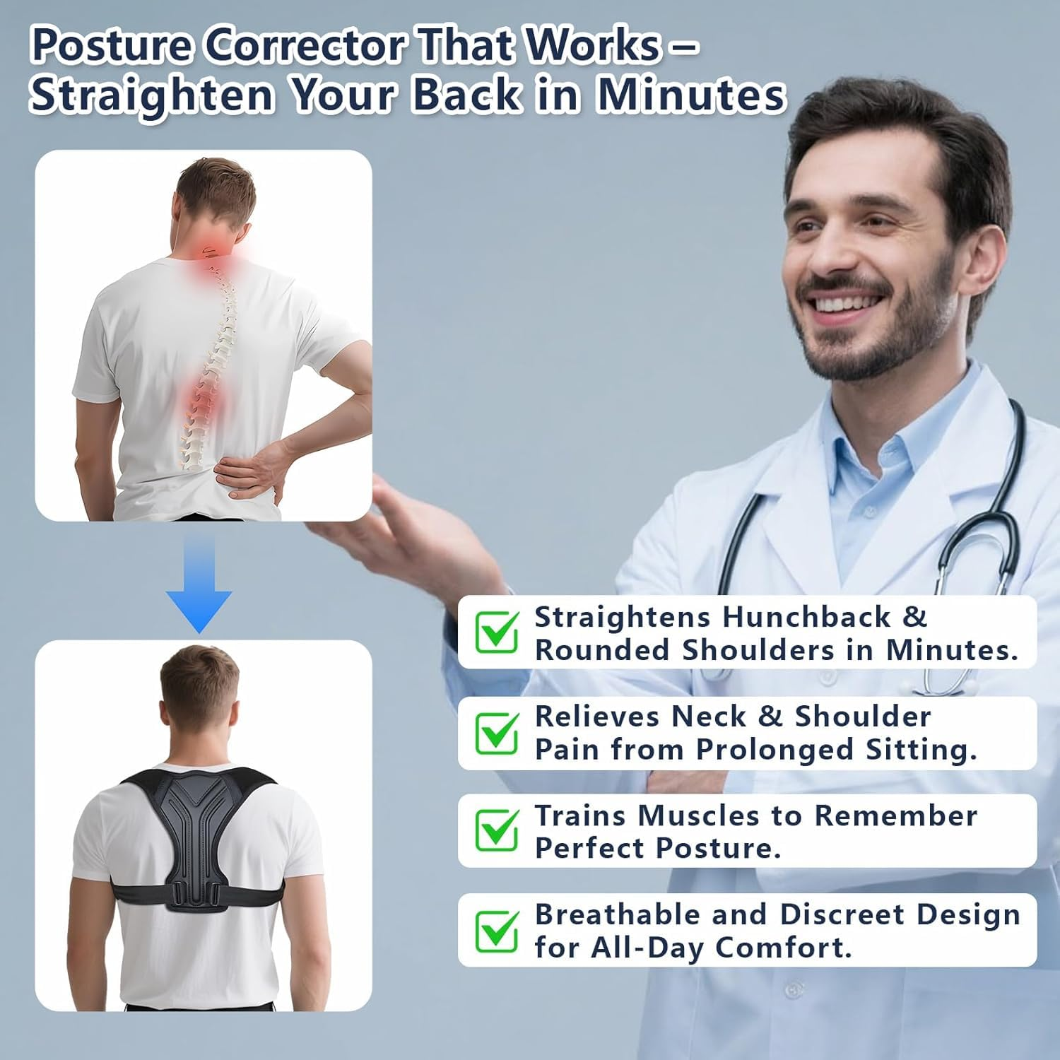 Posture Corrector for Women & Men, Adjustable Upper Back Brace with Anti-Chafing Pads for Neck/Shoulder/Back Pain Relief, Breathable Invisible Posture Brace for Office, Driving, Fitness. (Black, Medium)
