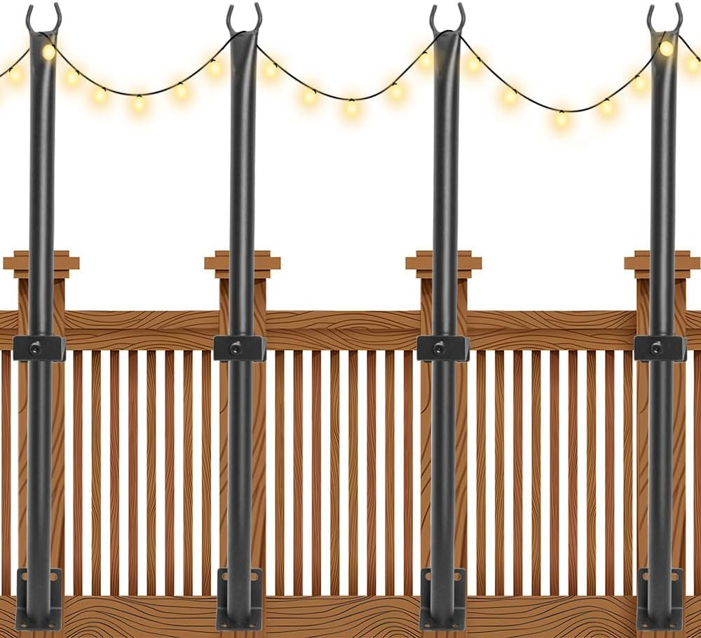 ALSTON 4 Pack String Light Poles 113Cm Height Wall-Mounted Lighting Brackets Outdoor Metal Hanging Light Poles with Fixing Clips for Patio Deck Fence Garden, Poles Only