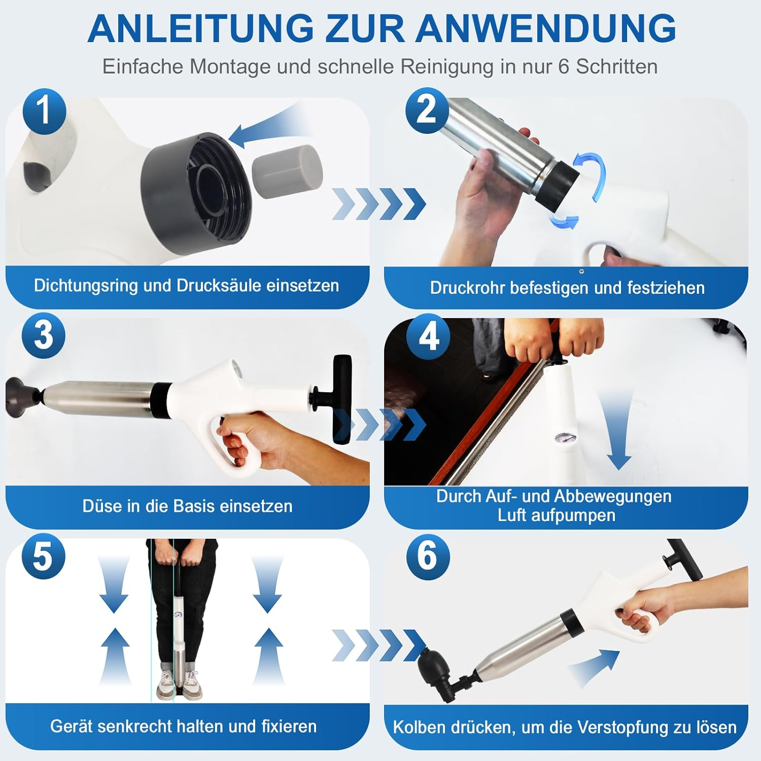 Pipe Cleaning Pump - Pipe Cleaner Compressed Air for Toilet Clogged, Sink, Bathtub and Drain Pipes - with 3 Piston Attachments and Air Pump image number 4
