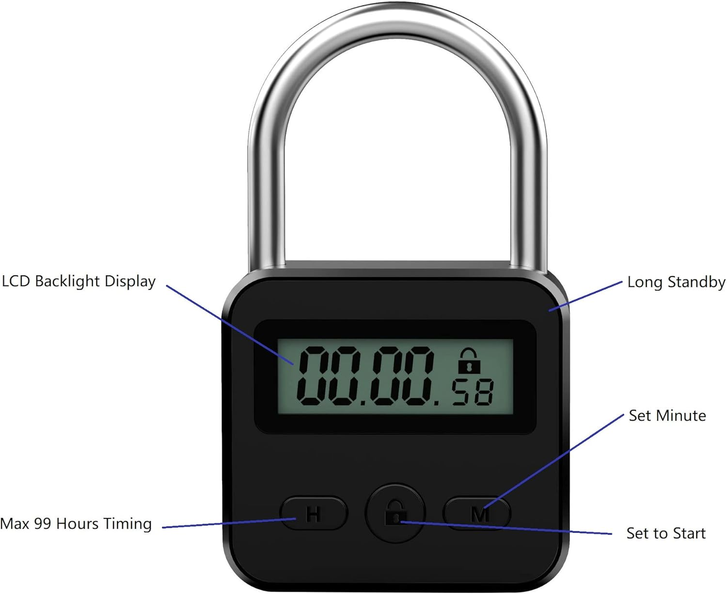 Metal Timer Lock - Electronic Time Padlock with LCD Display - USB Rechargeable (Black)