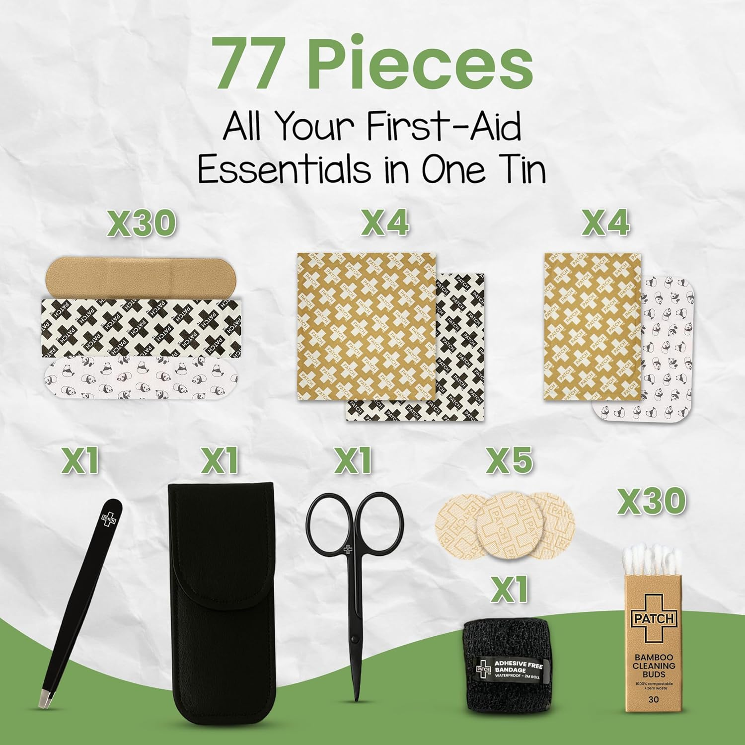 Patch Eco First Aid Kit, Assorted Hypoallergenic Adhesive Sizes Large and Small Bandages for Sensitive Skin, Essential Medical Supplies in a Reusable Tin, Latex Free, Sensitive Skin Bandages, 77 Ct image number 6