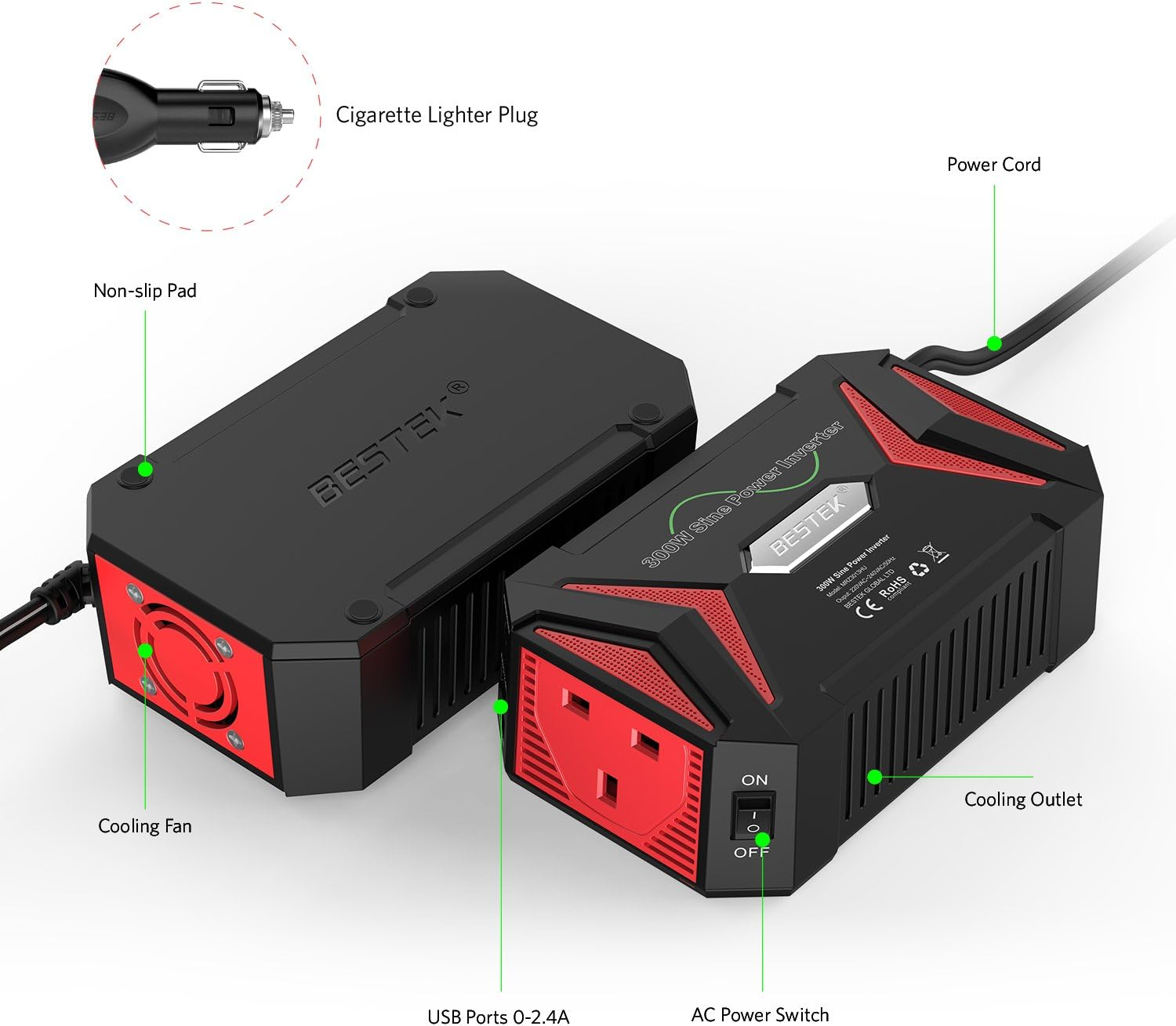 BESTEK 300W Pure Sine Wave Power Inverter DC 12V to AC 230V 240V with 4.2A Dual Smart USB Ports Car Adapter