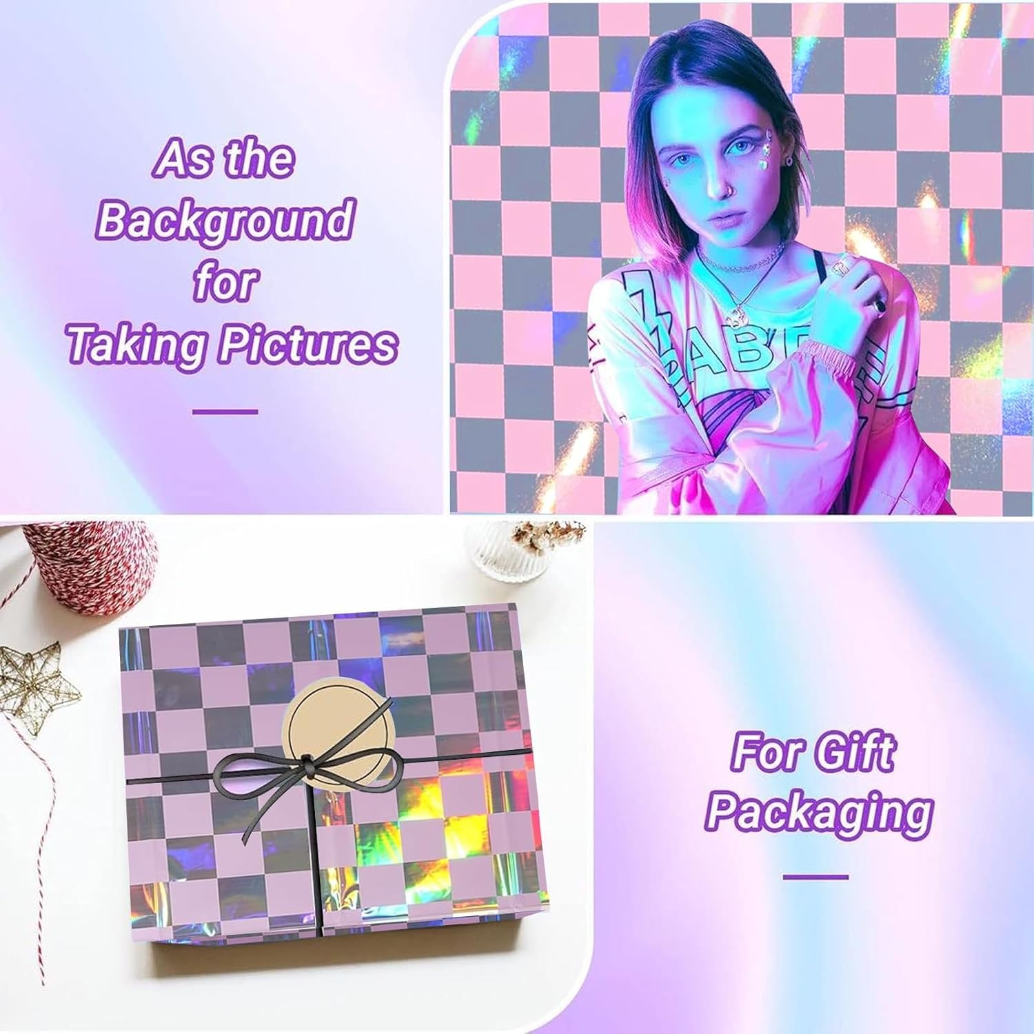 OQOQ Iridescent Checkered Tablecloth (4 Packs, Pink&Sliver) - 108X54 Inches Pink Iridescent Party Decorations Table Cloth Disposable Plastic Table Cover for Birthday Bachelorette Princess Party - Black Silver Checkered image number 6