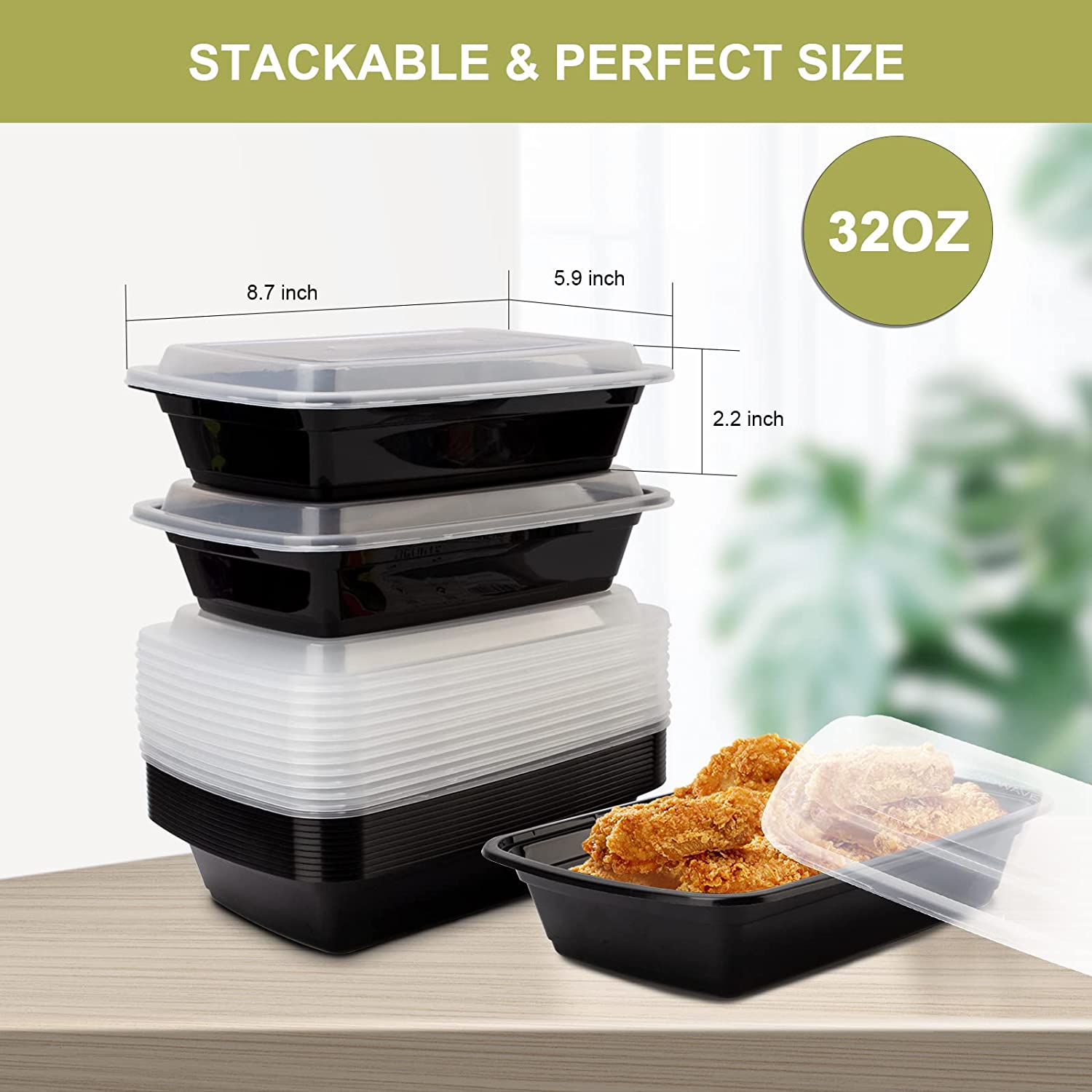 50 Pack- Meal Prep Containers 32Oz, Plastic Food with Lids, Leakproof to Go Lids Reusable Containers, Bpa-Free, Microwave/Dishwasher/Freezer Safe Black-50Pack image number 4