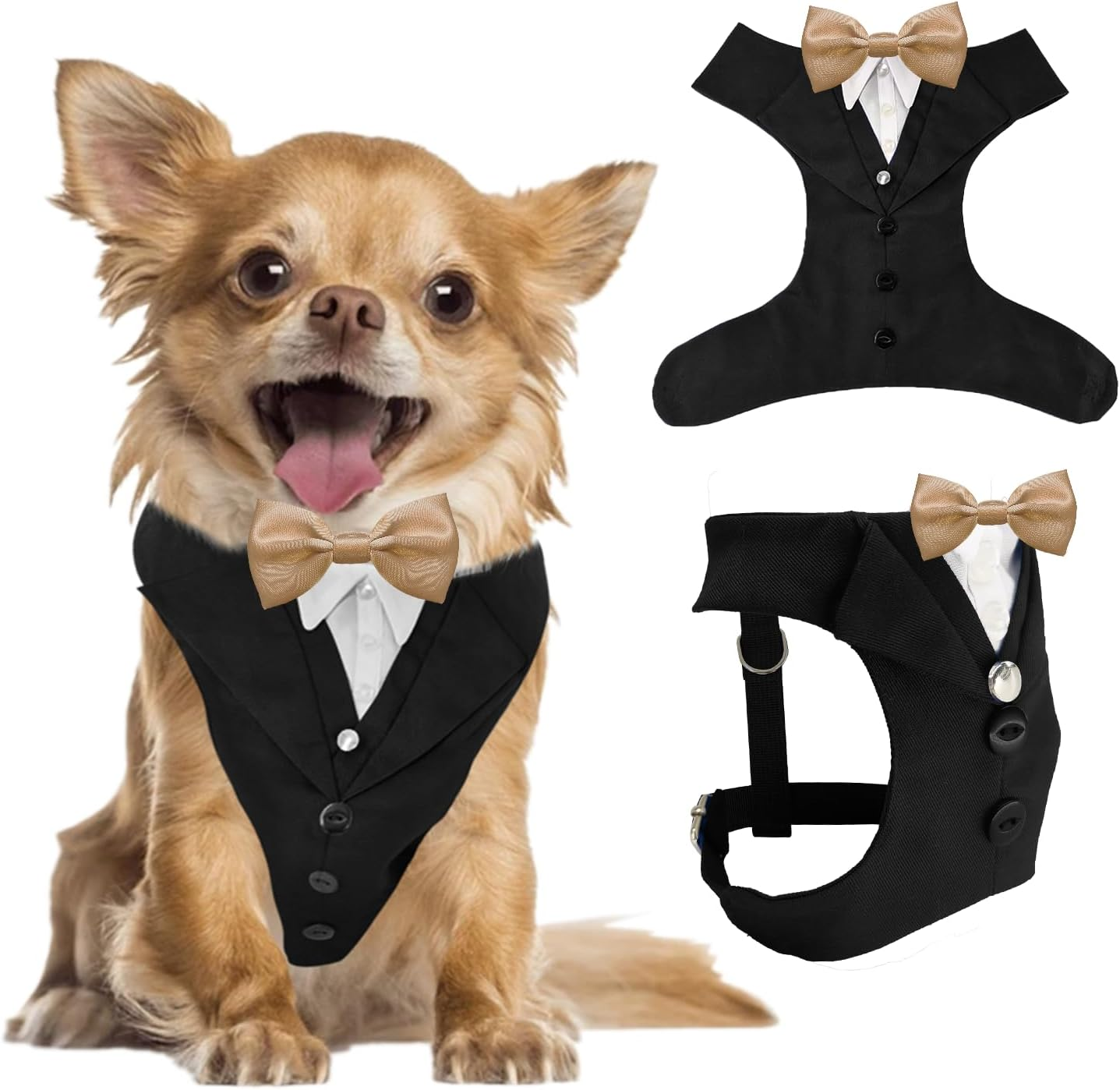 AVERYDAY XS Pet Tuxedo Harness, Wedding Costume Outfit for Small Dogs, Slim Cats and Tiny Pets with 8.3" Neck, 13-14.6" Chest, 10" Max Head Girth, Formal Suit Costume for Mini Breeds