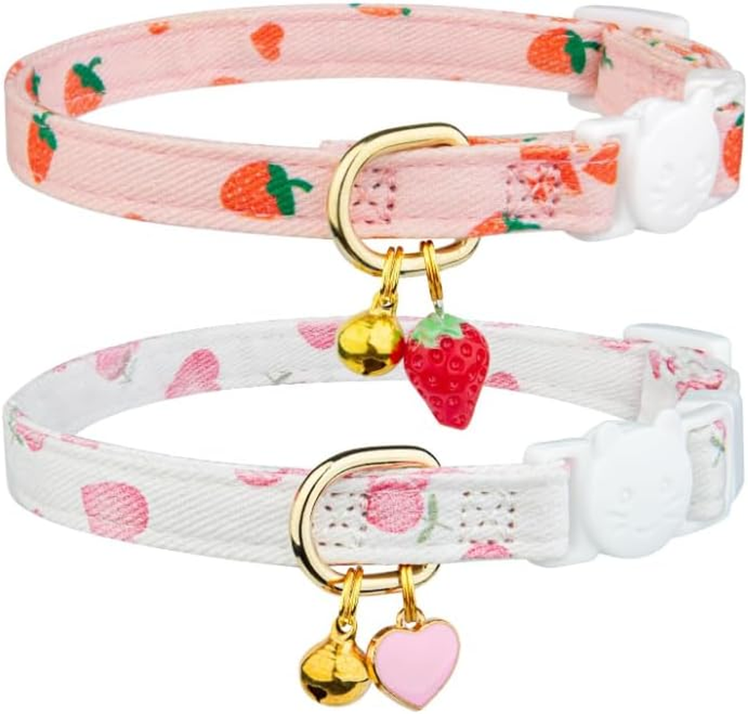 2-Piece Cotton Detachable Cat Collar Pink Strawberry White Heart Pendant Cute Kitten with Bell Cat Collar Suitable for Boys and Girls.