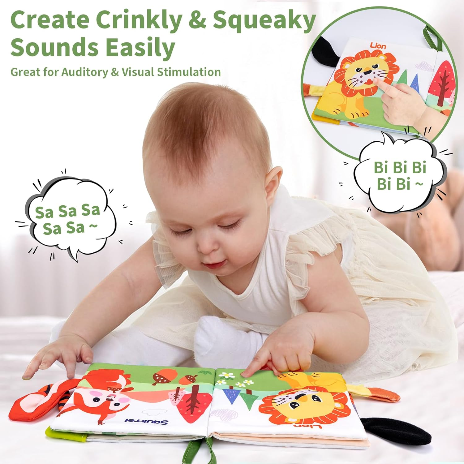 Coolplay Baby Sensory Toys 0-6 Months, Baby Animal Tails Books Toys Crinkle Books 6-12 Months Toddler Soft Cloth Book for Newborn