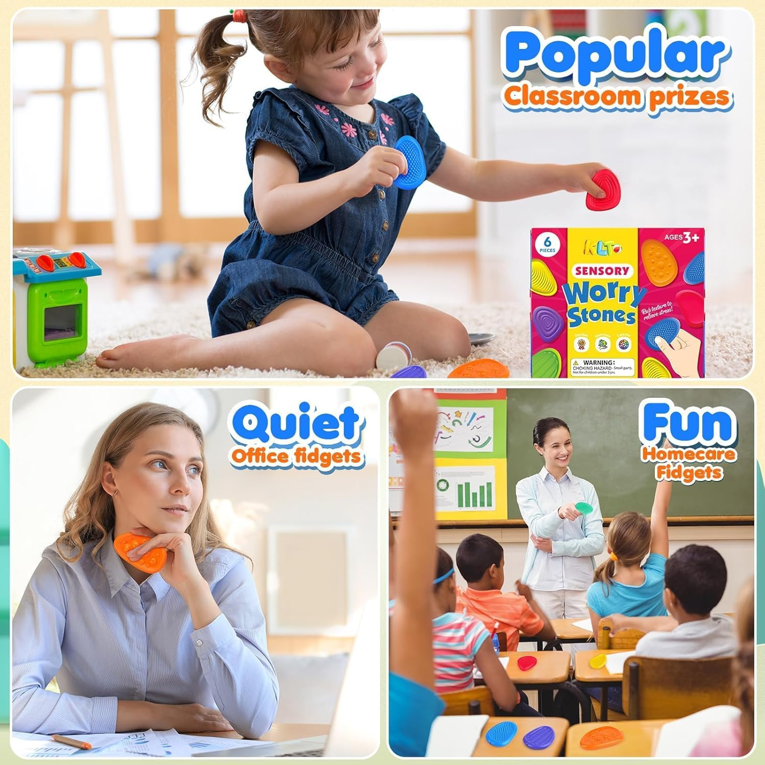 Fidget Toys Sensory Stone for Kids: 6 Pack Textured Soft Worry Stone for Autism Kids Calming - Fidget Stress Toys for Students Anxiety Relief - Small Prizes Fidget Toys image number 4