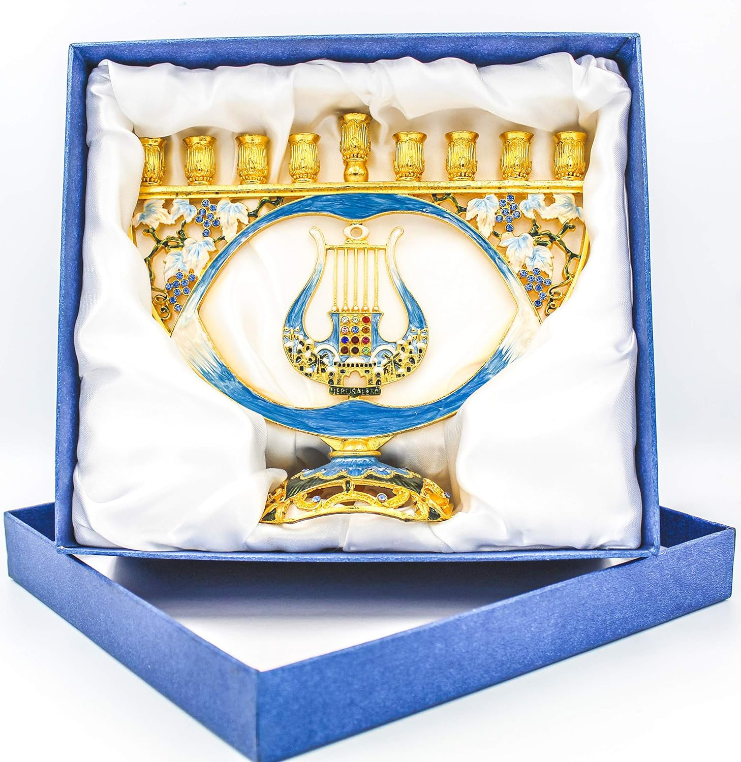The Dreidel Company Menorah - Jeweled 8&rdquo; - Artistic Jeweled Menorah - Mosaic Blues and Gold Plating - Jeweled Hanukkah Menorah with Harp of King David and Hoshen image number 3