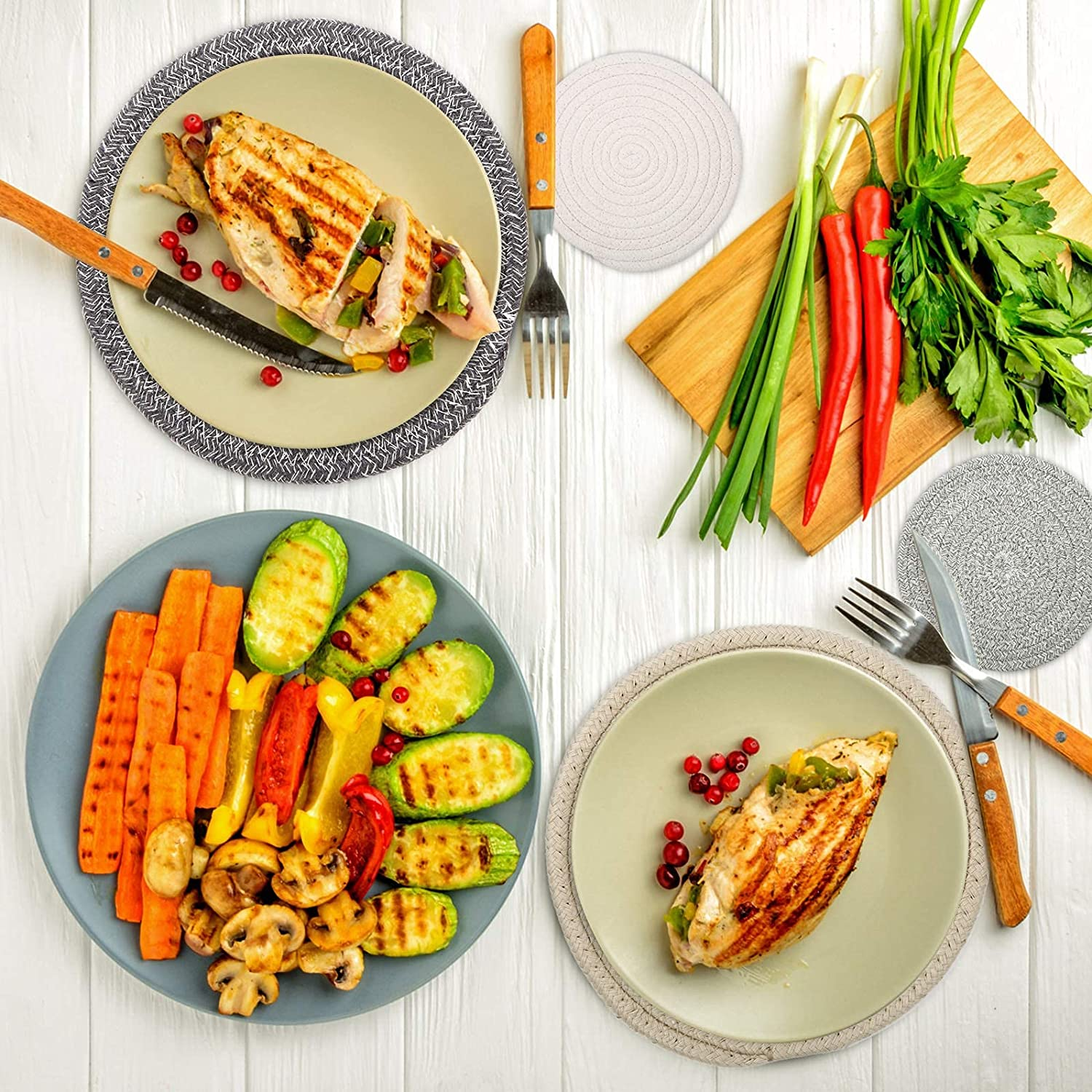 Trivets for Hot Dishes, Trivets for Hot Pots and Pans, Heat Resistant Hot Pads with Storage Basket, Pot Holders for Kitchen, Home Essentials, Farmhouse Decor (Khaki 4 PCS) - Blue image number 2