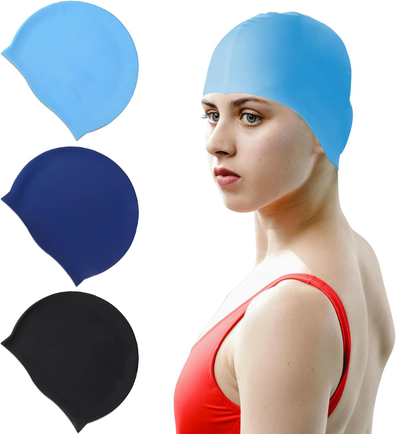 Chamgeco 3PCS Silicone Swim Cap, Unisex Adult Waterproof Bathing Pool Swimming Hat, Stretchable Durable Non-Slip Swimming Pool Cap Shower Caps, Elastic Swimming Cap