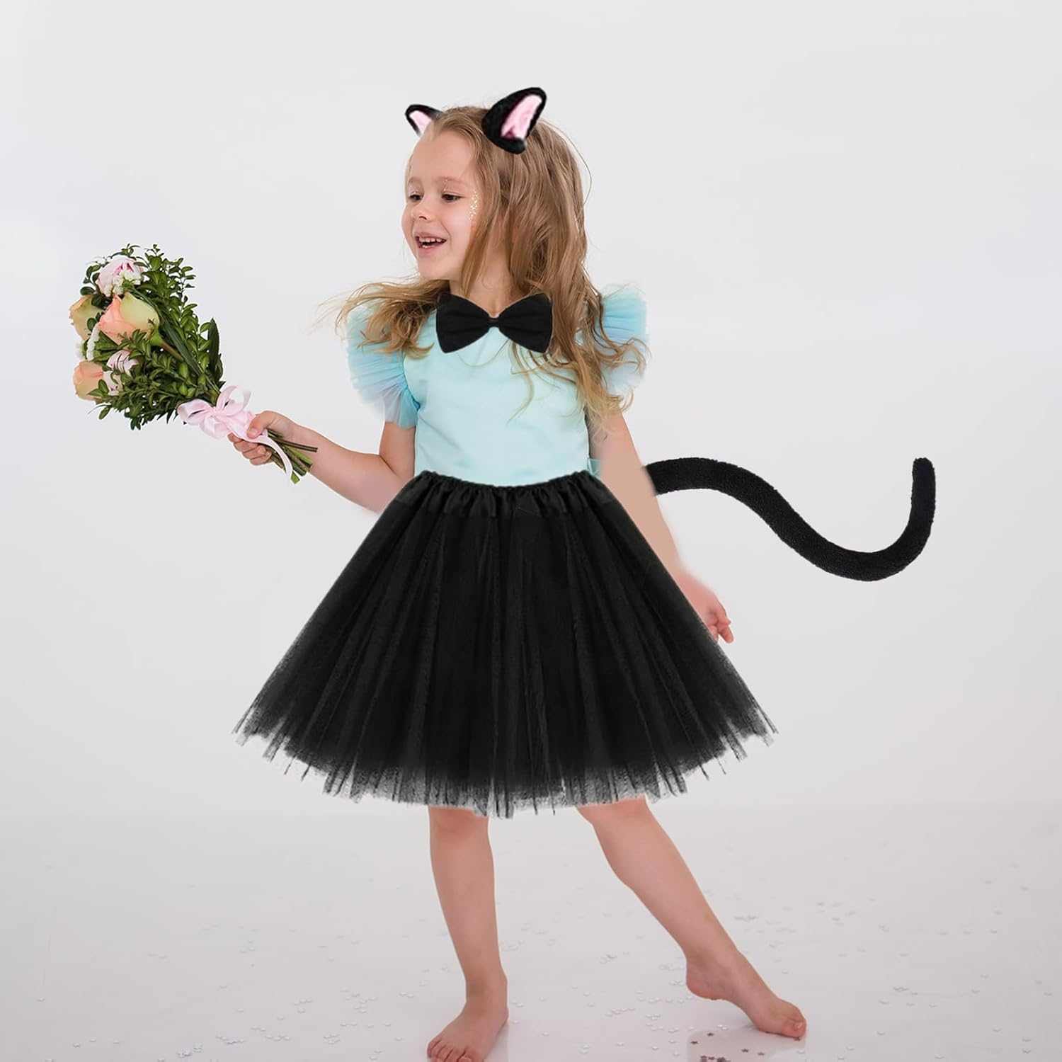 Black Cat Costume Set with Cat Ears Headband Tail Bow Ballet Skirt for Halloween Dress Up image number 2