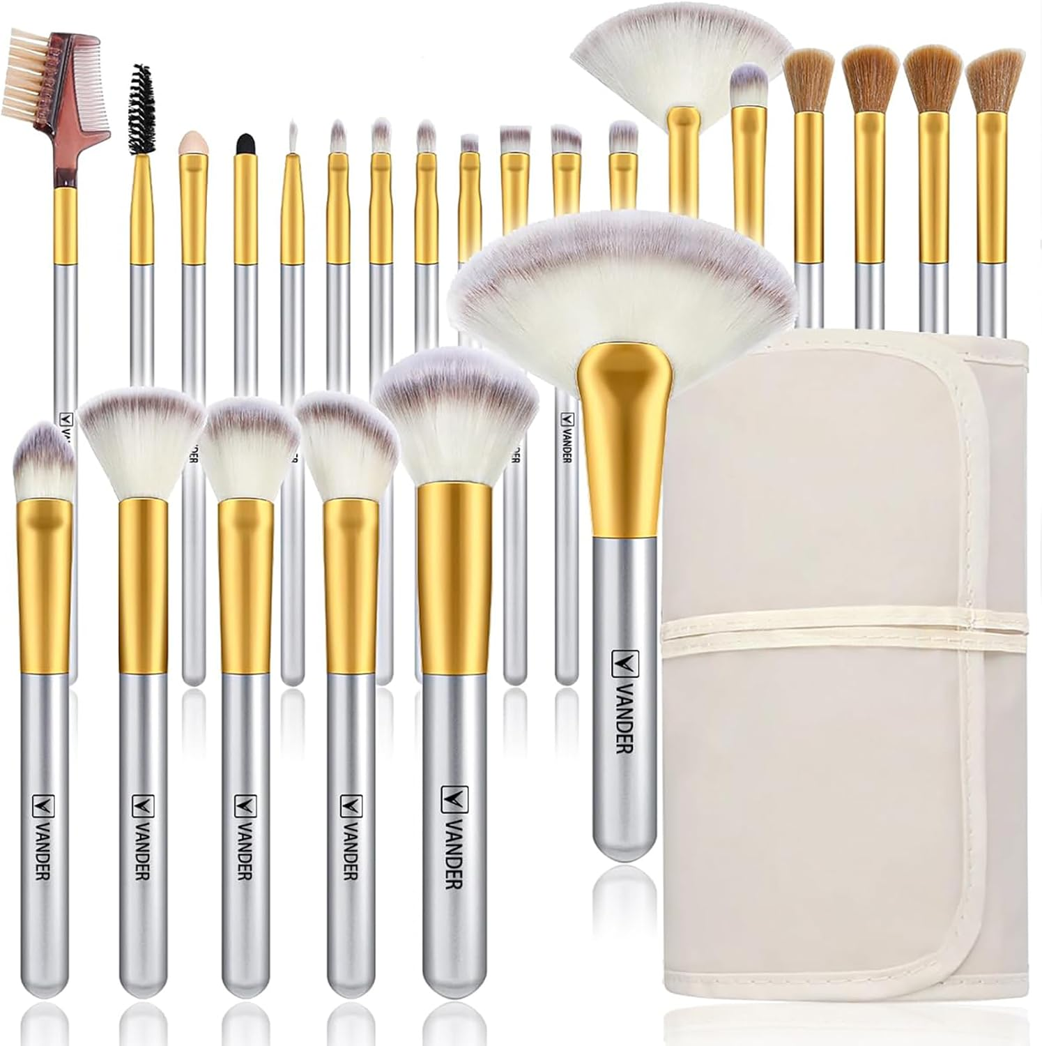 VANDER Make up Brushes, LIFE 24Pcs Premium Cosmetic Makeup Brush Set for Foundation Blending Blush Concealer Eye Shadow, Cruelty-Free Synthetic Fiber Bristles, Travel Makeup Bag Included, Champagne image number 3