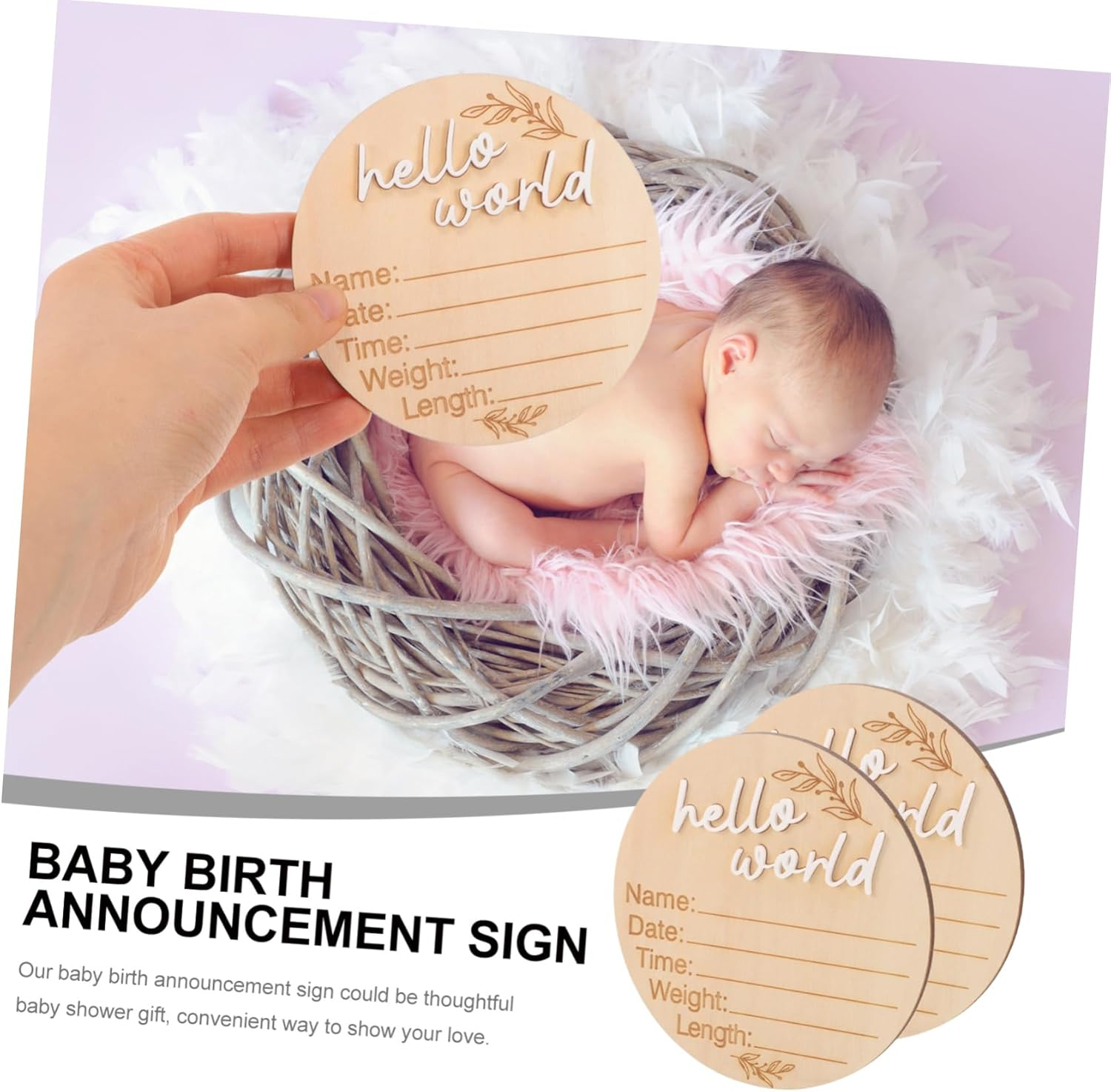 2Pcs Natural Wood Name Announcement Sign round Shaped Newborn Milestone Plaque for Nursery Decor Showers and Birth Celebration