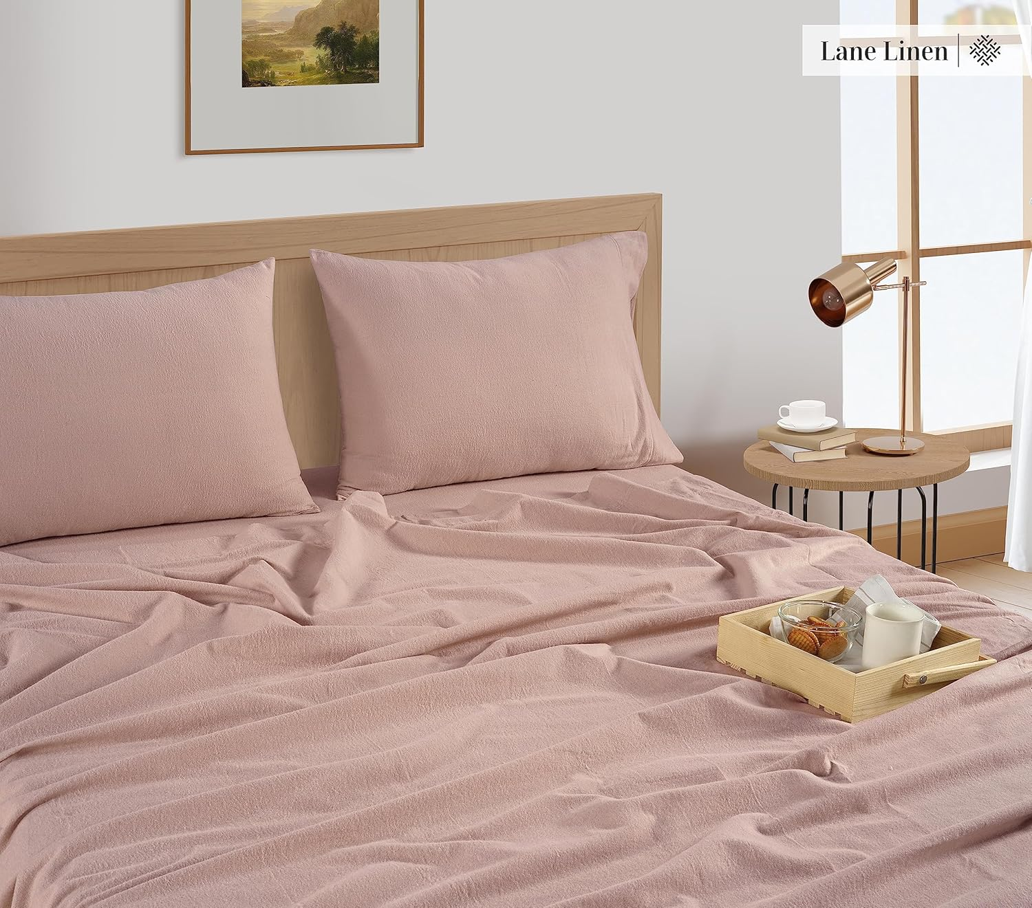 LANE LINEN 100% Cotton King Size Bed Sheets Set - Brushed for Extra Softness - Lightweight 100% Cotton Sheets King Size Set - Warm & Cozy Flannel Cotton Bed Sheets, 15" Deep Pocket - Sepia Rose image number 5