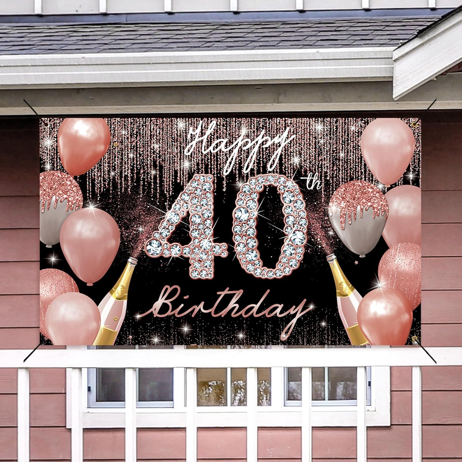 PHXEY Happy 40Th Birthday Backdrop Banner, 40Th Birthday Decoration for Women Rose Gold, 40 Year Old Birthday Party Yard Sign Photo Booth Props Background Poster, Forty Bday Decor, Fabric, image number 3