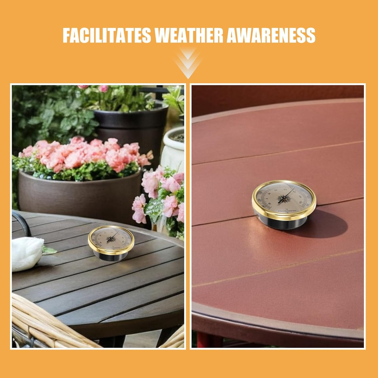 Gadpiparty 2Pcs Embedded Metal Analog Thermometer round Dial Indoor Outdoor Weather Gauge Gold Temperature Meter for Garden Greenhouse Tabletop Use image number 1