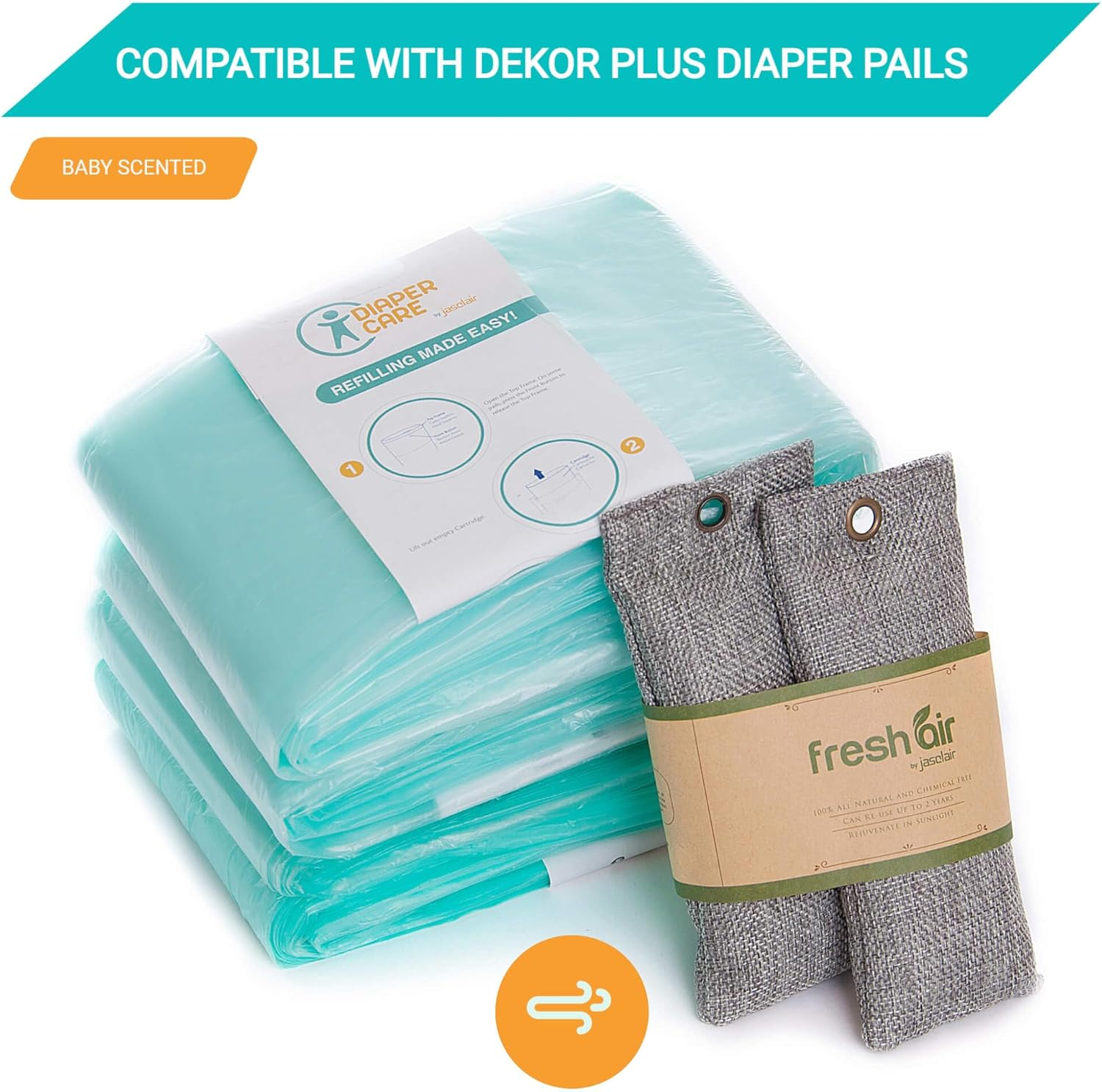 4 Pack Refill - Fits Dekor plus Diaper Pails - Disposable Liners Hold up to 2372 Diapers + Bonus Bamboo Charcoal Odor Smell Eliminator Bags Keeps Nursery Air Fresh for Newborn Babies Infants Toddlers image number 5
