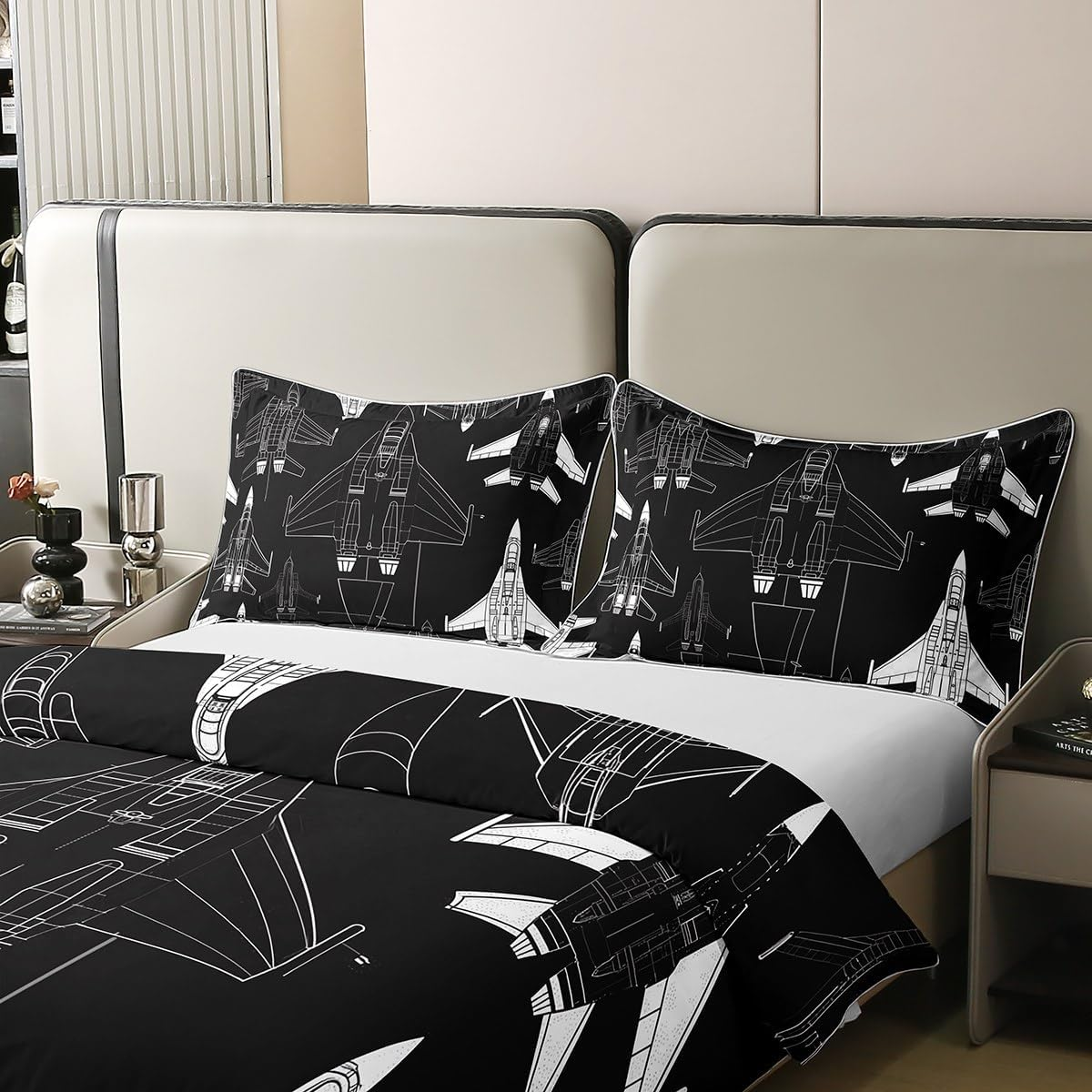 Homewish Aeroplane 100% Cotton Bed Linen Set, Black and White Aeroplane Duvet Cover 135 X 200 Cm for Children, Teens, Adults, Aeroplane Comforter Cover, Transport Bed Set with 1 Pillowcase for Room image number 3