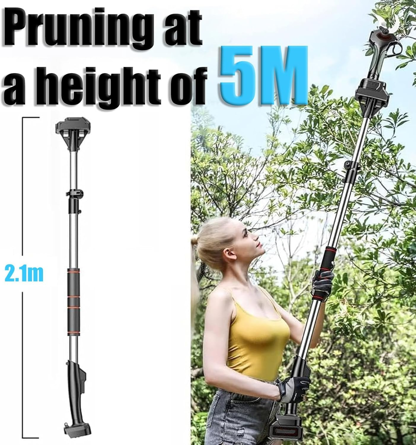 Electric Pruning Shears with Pole, 50Mm Cordless Pole Pruning Shears with 2 X 4.5Ah Battery, 4.3-6.9 Ft Adjusted Retractable Pole, Digital Display, Long Reach Pruner Branch Scissors for Hedge, Bush image number 1