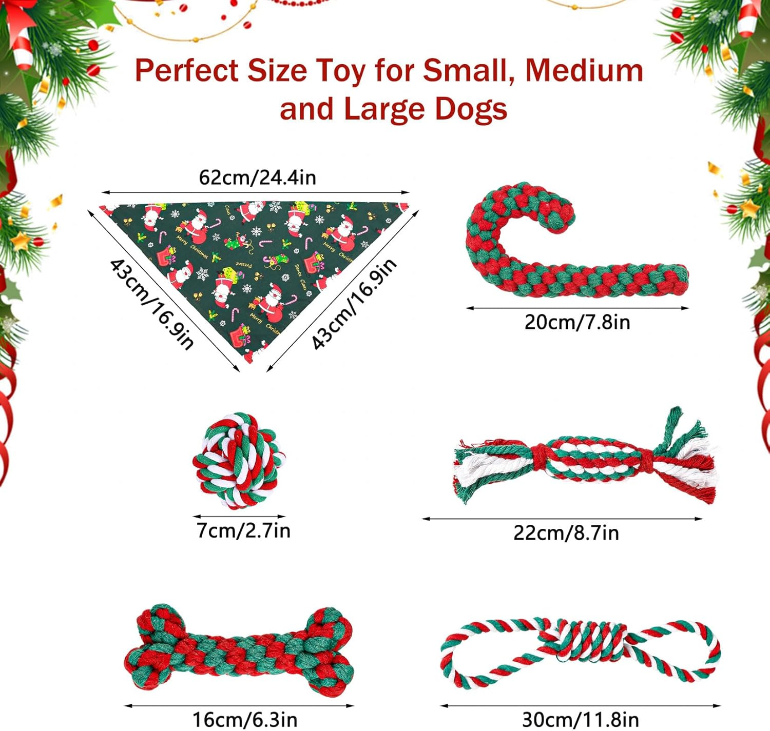 Pack of 6 Dog Toys Christmas, Gift Christmas Includes 5 Dog Toys Rope Natural Cotton & 1 Green Dog Bandana, Dog Chew Toy Christmas Dog Toy Candy Cane image number 6