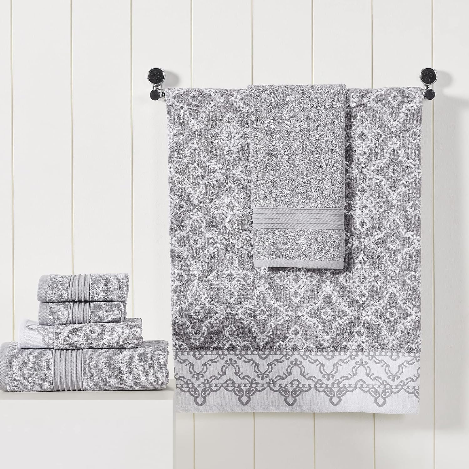 Modern Threads 6 Piece Set, 2 Bath Towels, 2 Hand Towels, 2 Washcloths Yarn Dyed Jacquard/Solid Towel Set Charlize Stone - Dark Sage image number 3