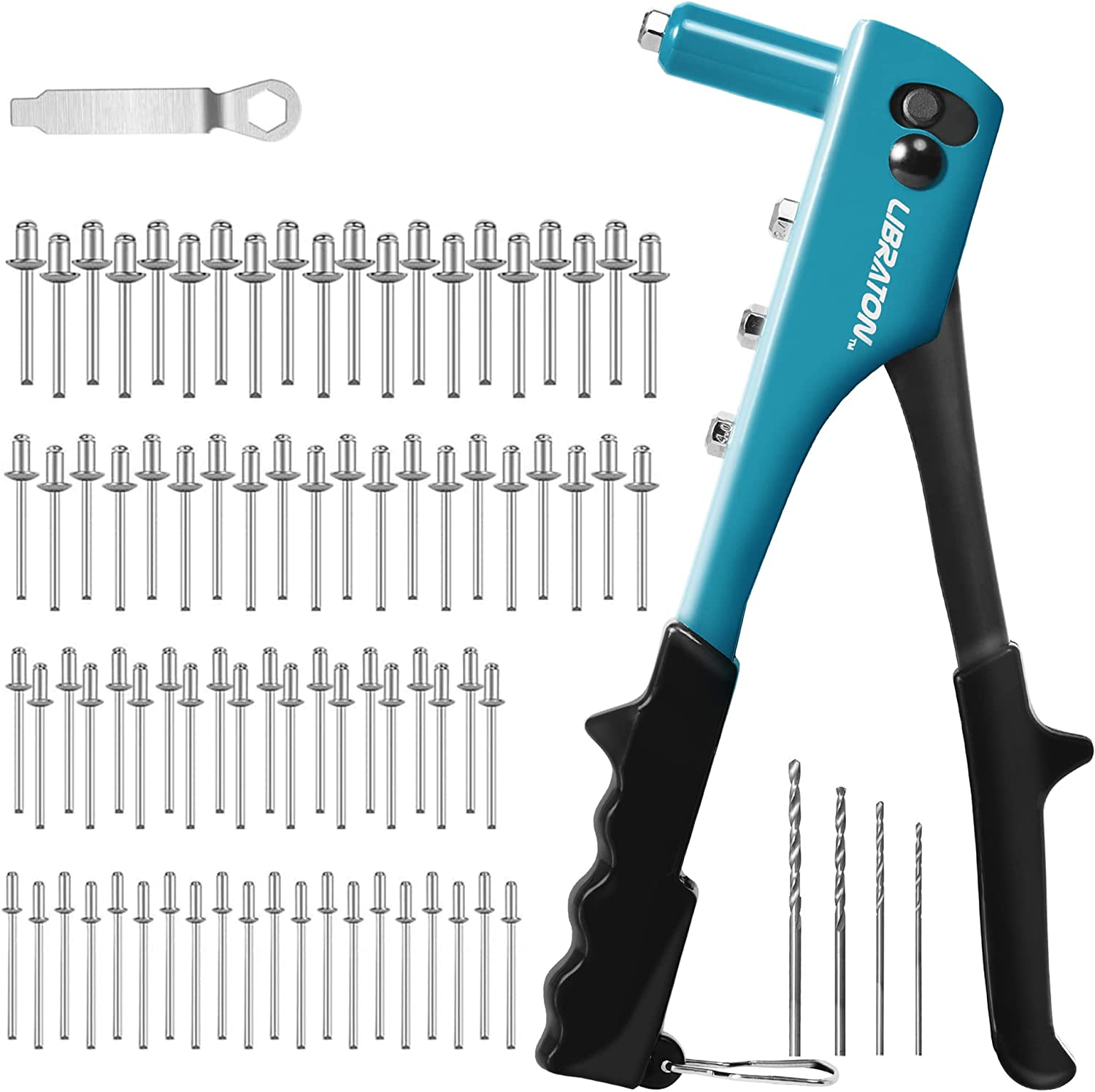 Libraton Rivet Gun, Rivet Gun Kit, Pop Rivet Gun, 80Pcs Metal Rivets and 4 Drill Bits, Heavy Duty Hand Riveter, Rivet Gun Tool for Metal, Automotive, Blind Rivets 3/32" 1/8" 5/32" 3/16" image number 4