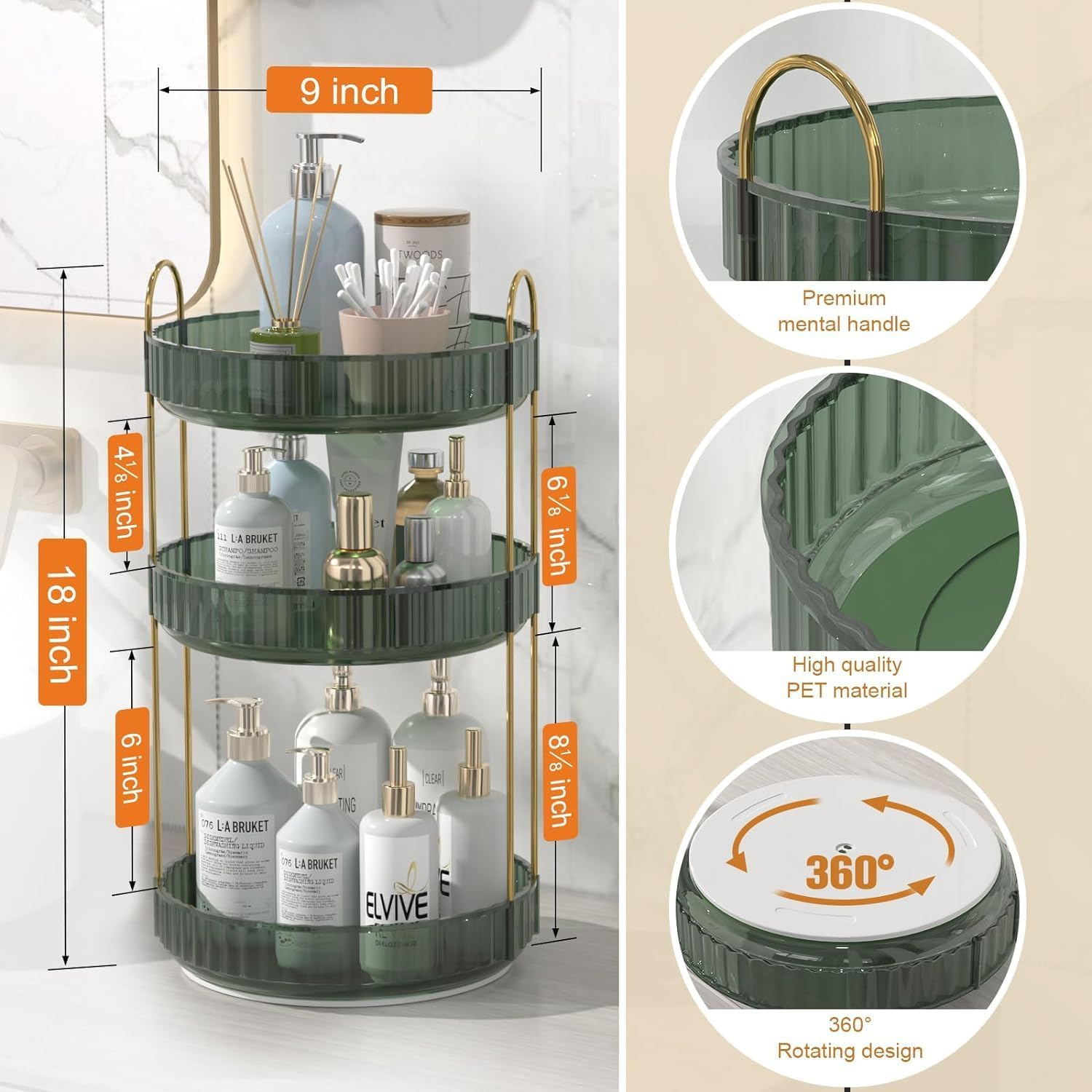 Tinyso 3 Tier Rotating Makeup Organizer for Vanity,Skincare Perfume Storage Organizersbathroom Counter Organizer for Make up Cosmetic Lipstick,Clear Spinning Organizer Perfume Holder (Green, 3Tier) image number 4
