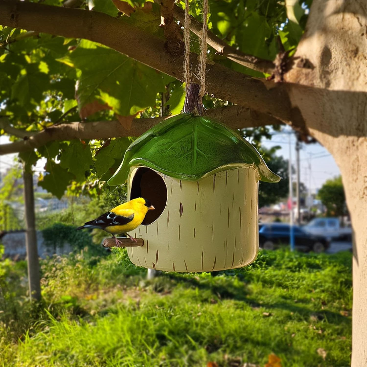 Decorative Bird Houses - Handmade Resin Outdoor Nesting Boxes | Twine Waterproof Sunproof Sheltered Warm Place for Bluebird Hummingbird image number 6